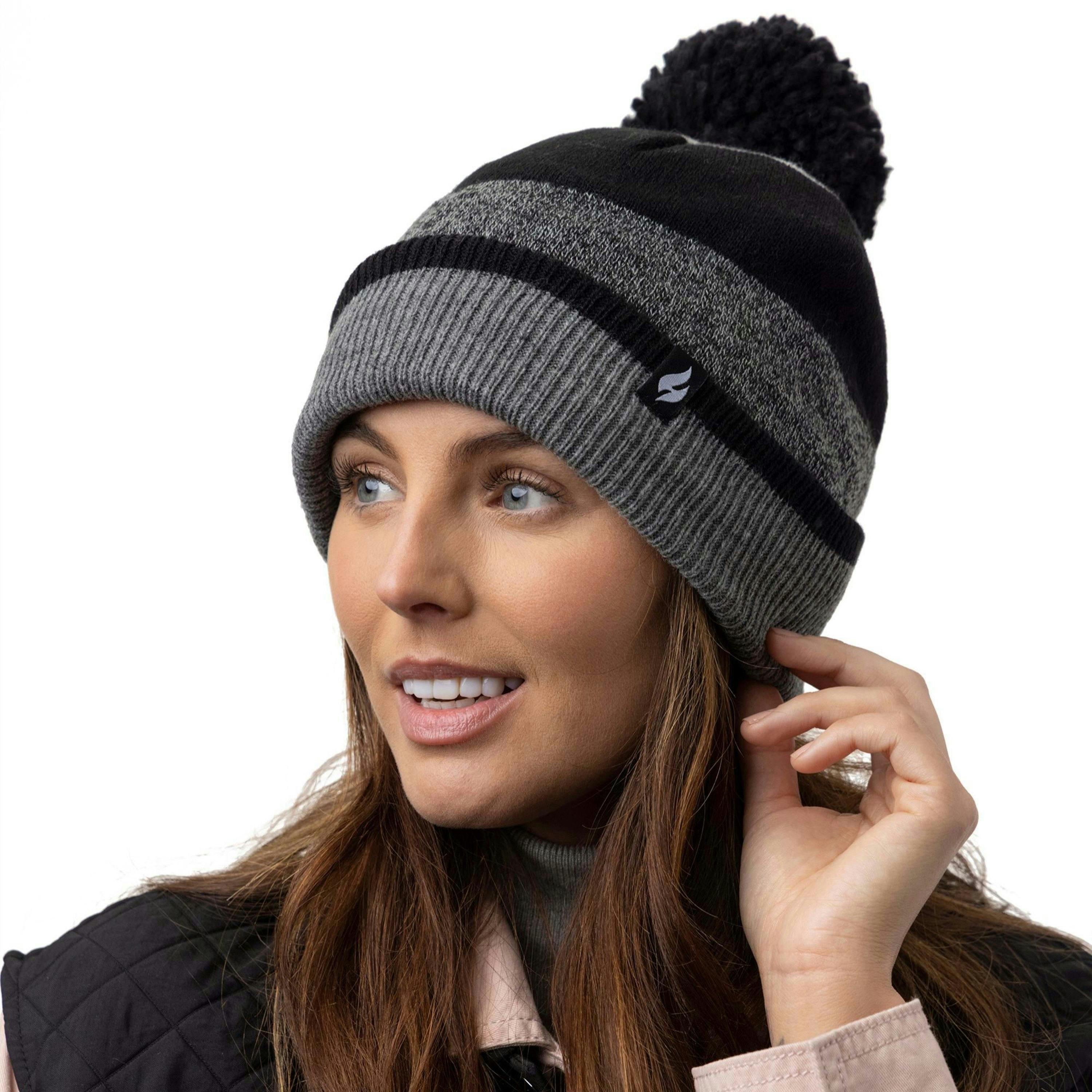 Ladies Warm Knit Fleece Lined Winter Hat with Pom Pom , view 4 of 5