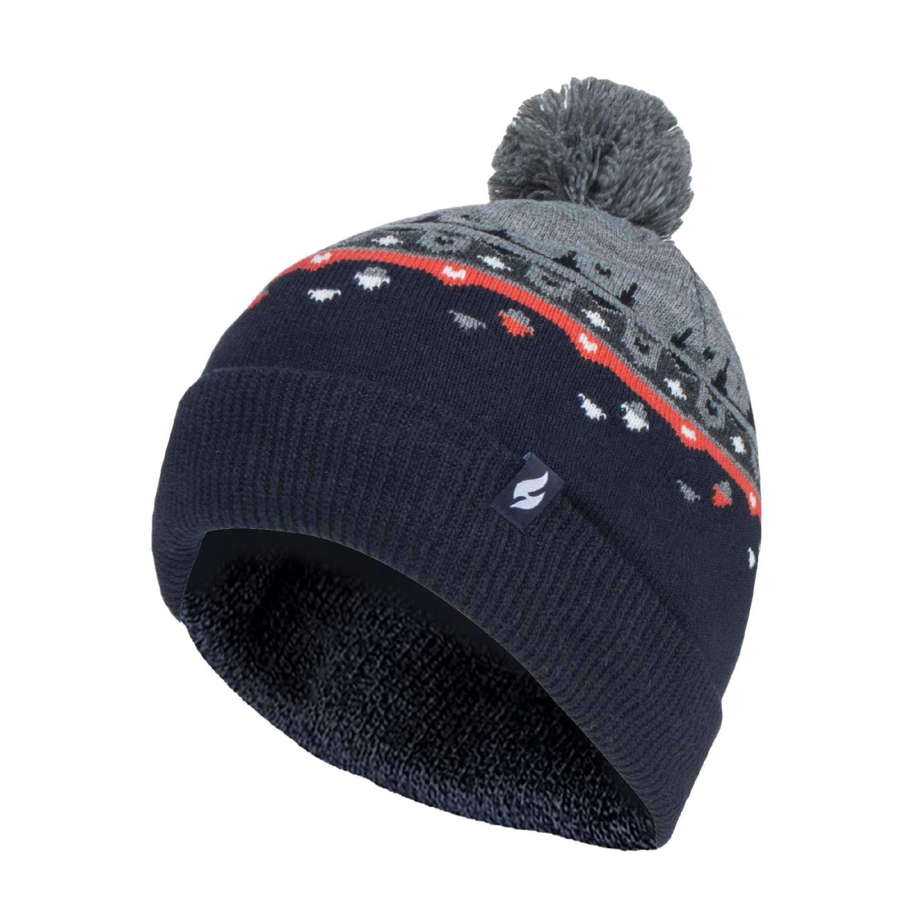 Mens Thin Patterned Knit Fleece Lined Pom Pom Hat for Winter , view 1 of 5