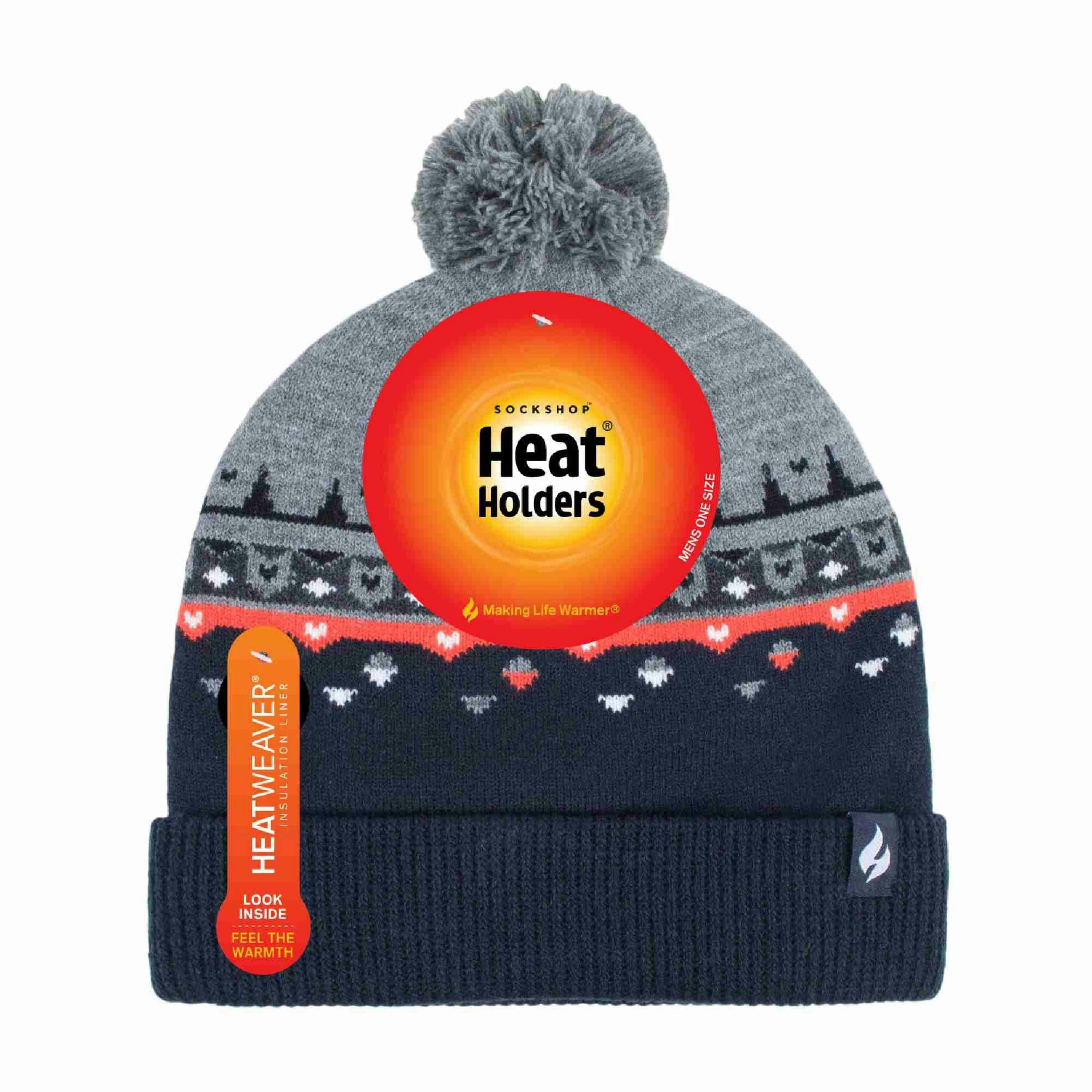 Mens Thin Patterned Knit Fleece Lined Pom Pom Hat for Winter , view 2 of 5