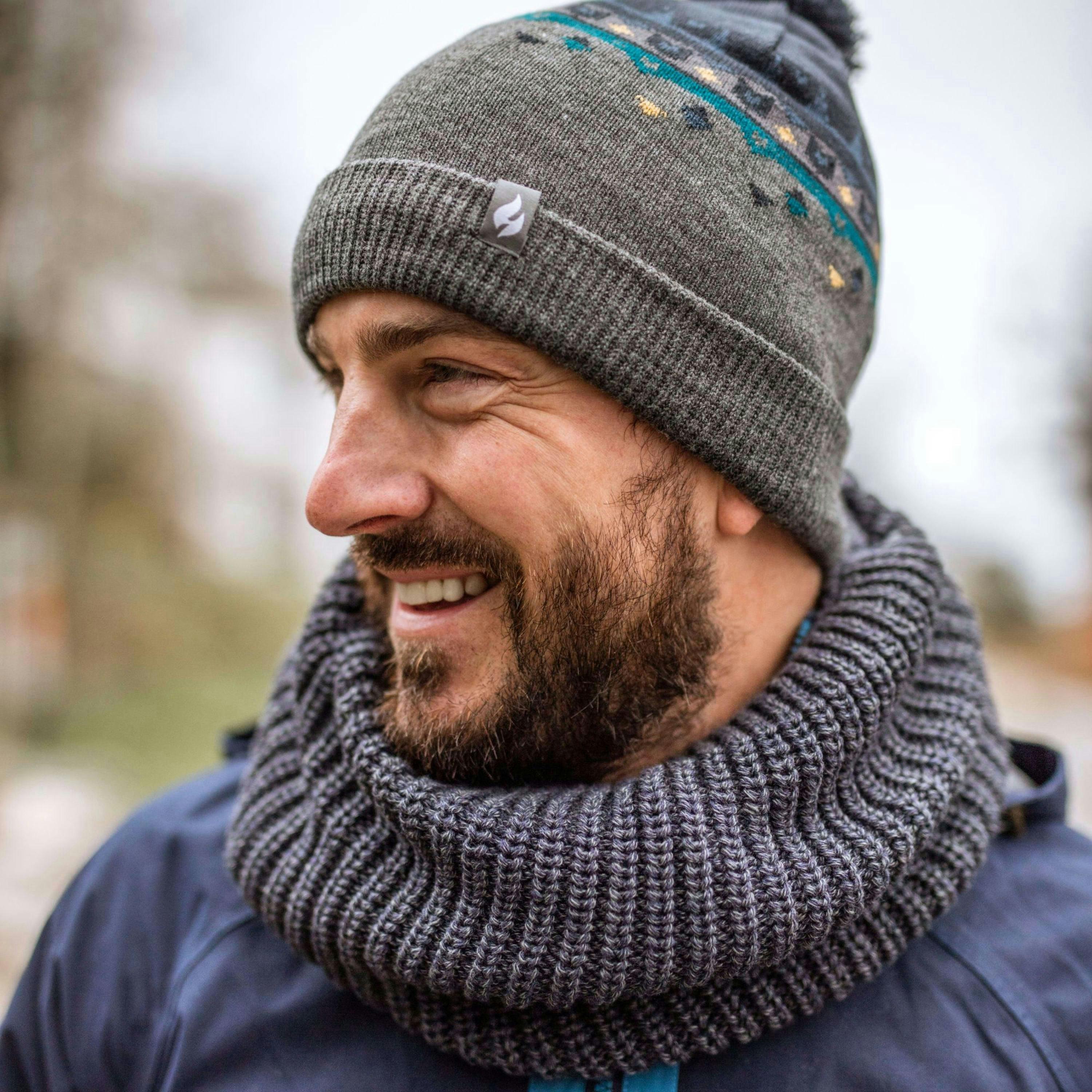 Mens Thin Patterned Knit Fleece Lined Pom Pom Hat for Winter , view 3 of 5