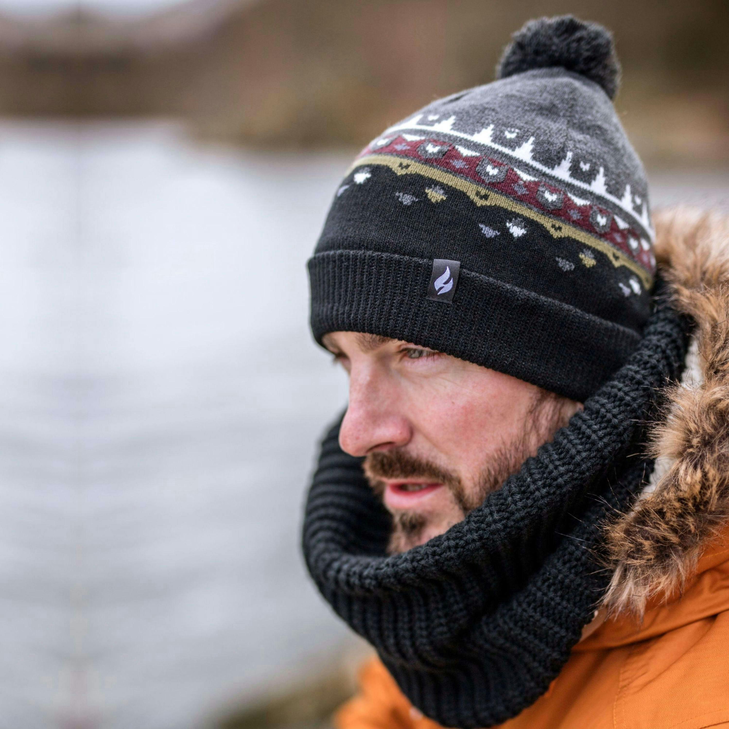 Mens Thin Patterned Knit Fleece Lined Pom Pom Hat for Winter , view 4 of 5