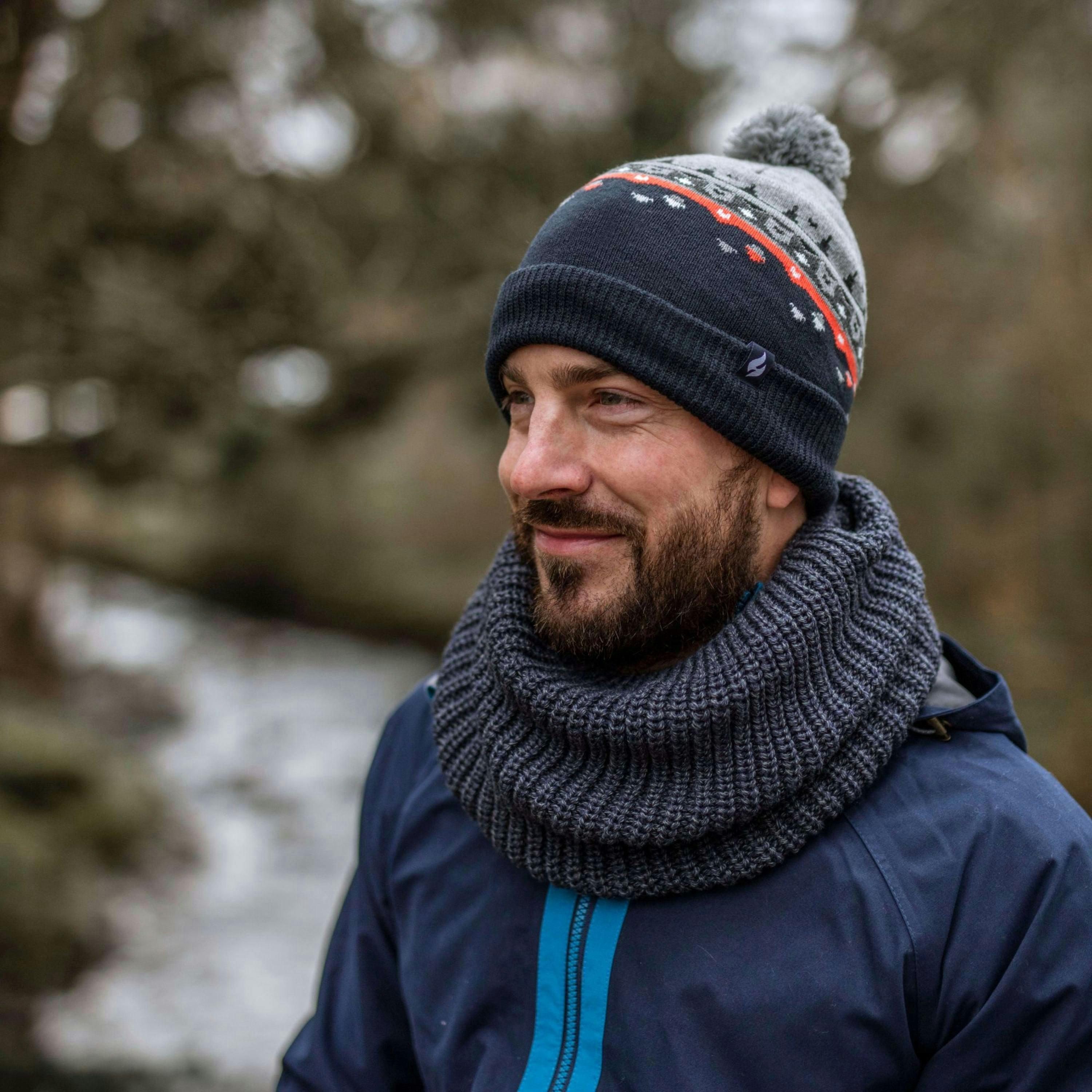 Mens Thin Patterned Knit Fleece Lined Pom Pom Hat for Winter , view 5 of 5