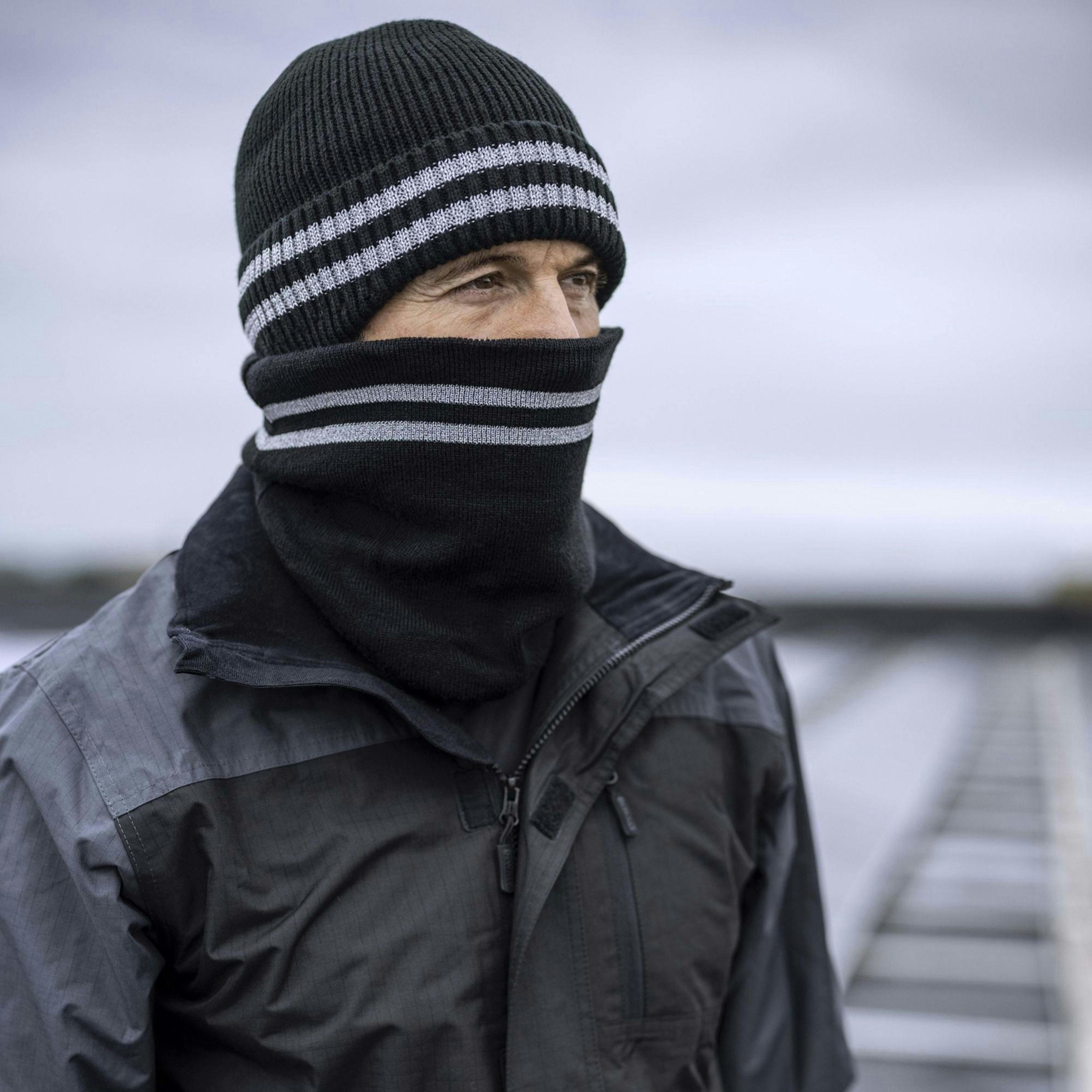 Mens Hi Vis Reflective Fleece Lined Thermal Winter Hat with Drop Neck , view 4 of 5