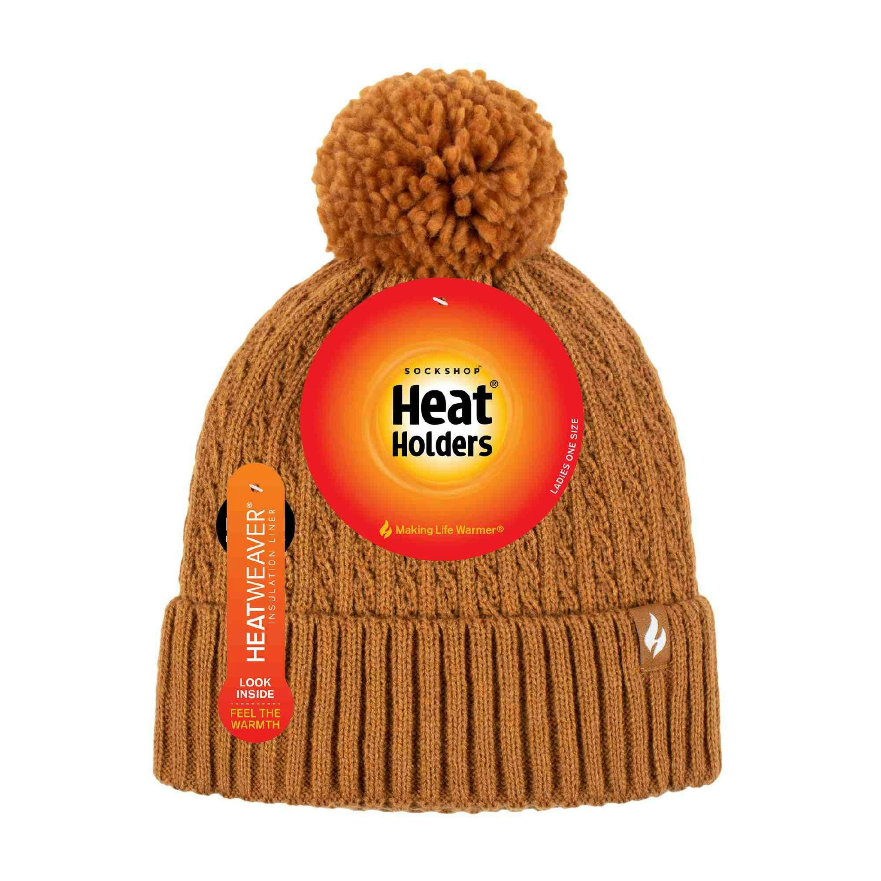 Ladies Winter Ribbed Thermal Cable Knit Beanie Pom Pom Hat , view 2 of 5