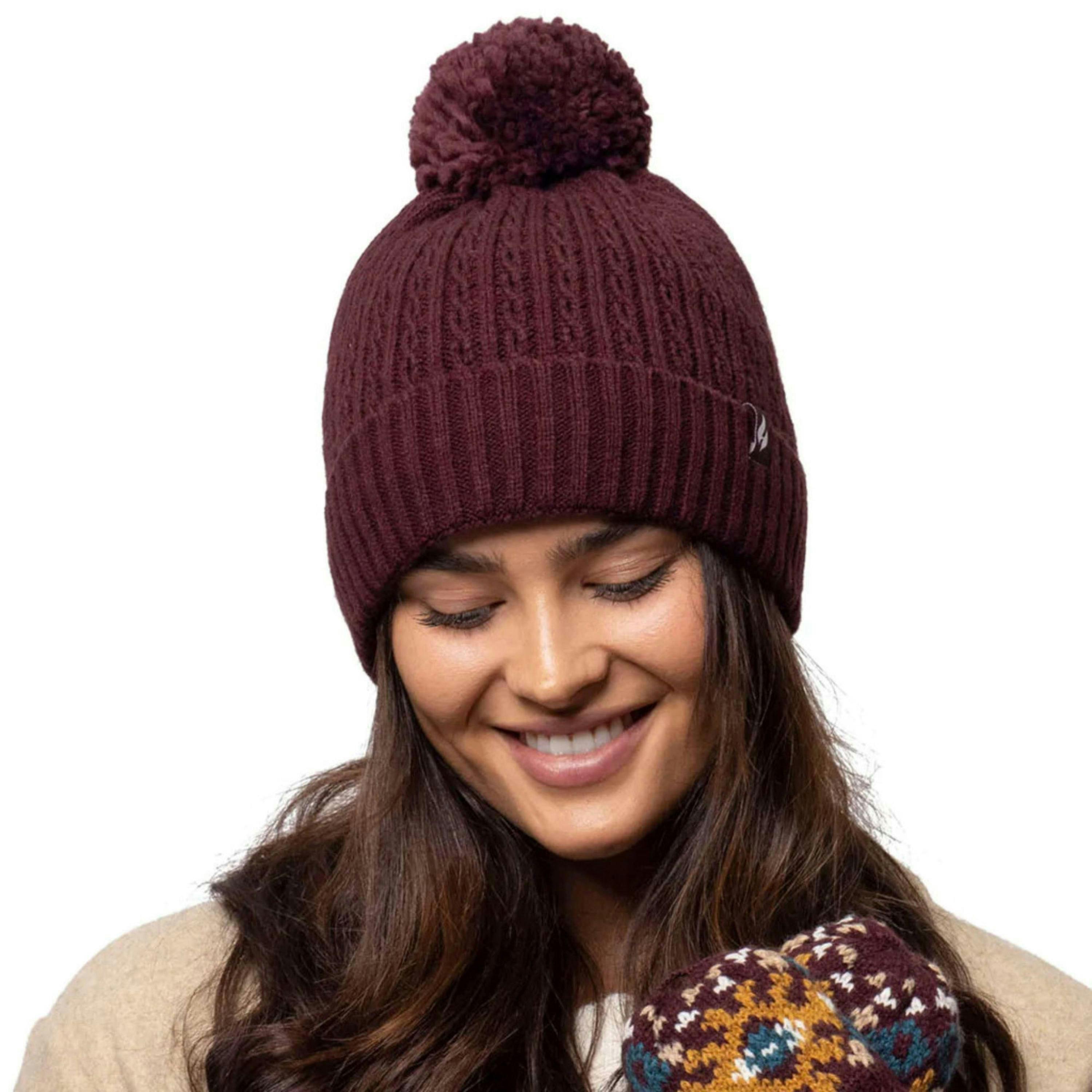 Ladies Winter Ribbed Thermal Cable Knit Beanie Pom Pom Hat , view 3 of 5