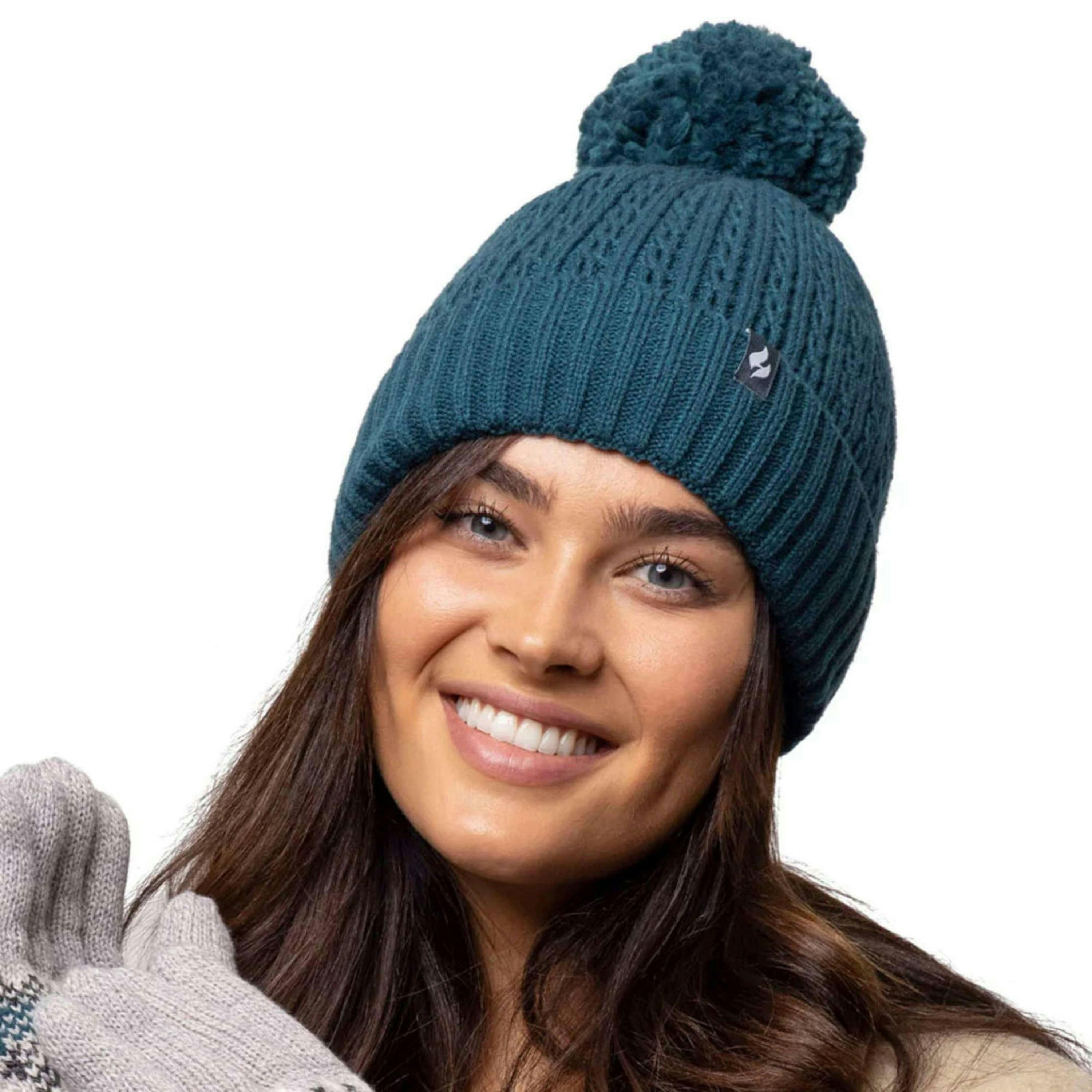 Ladies Winter Ribbed Thermal Cable Knit Beanie Pom Pom Hat , view 4 of 5