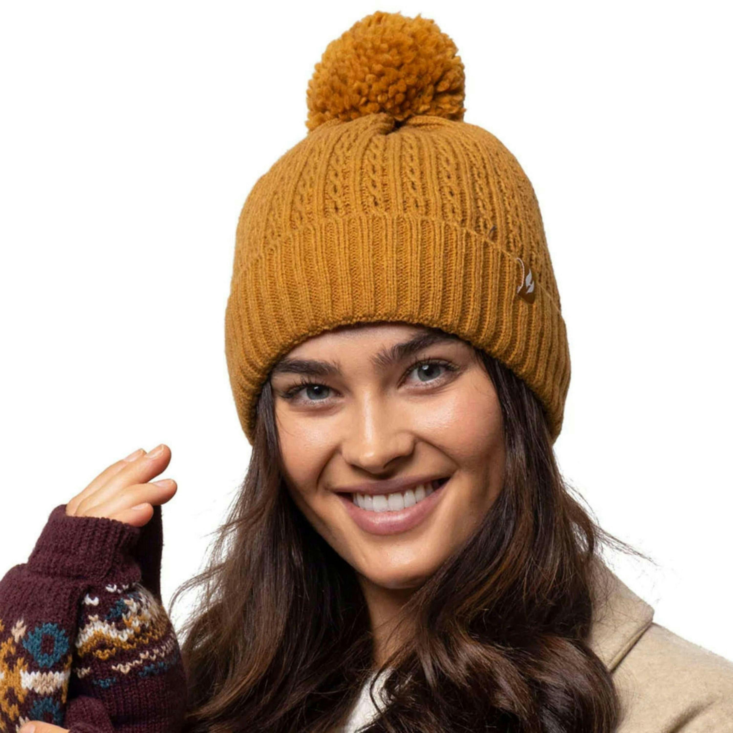 Ladies Winter Ribbed Thermal Cable Knit Beanie Pom Pom Hat , view 5 of 5
