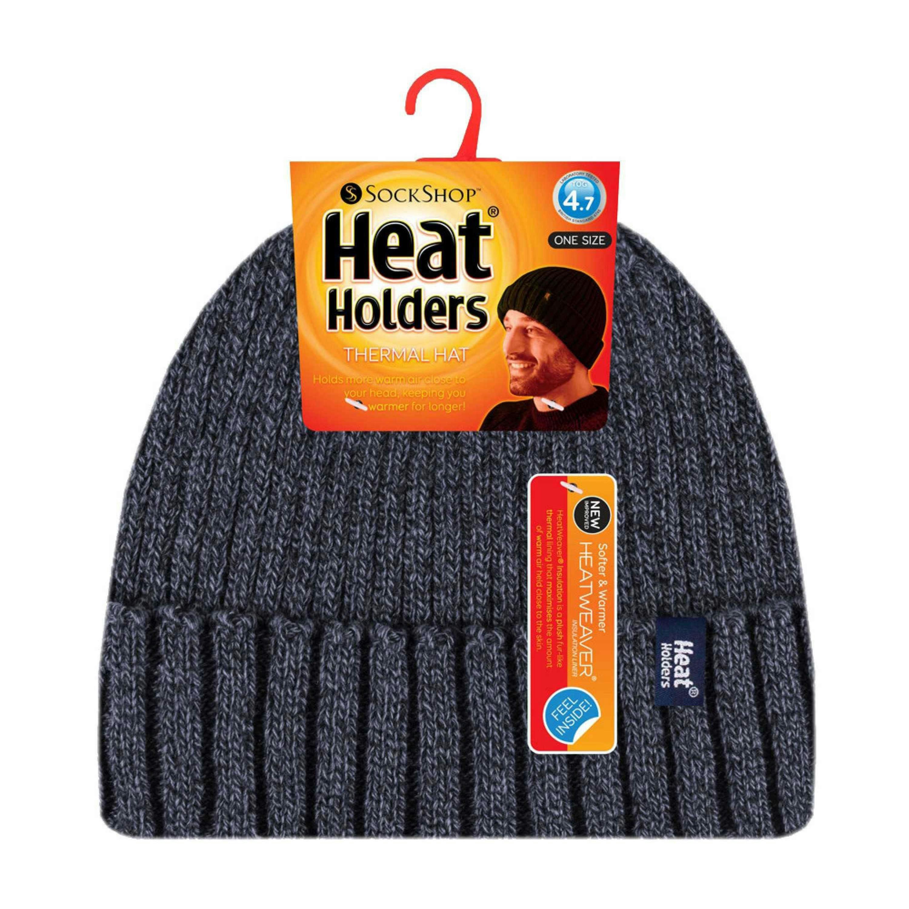 Mens Ribbed Knit Fleece Lined Turn Over Cuff Thermal Beanie Hat , view 2 of 5