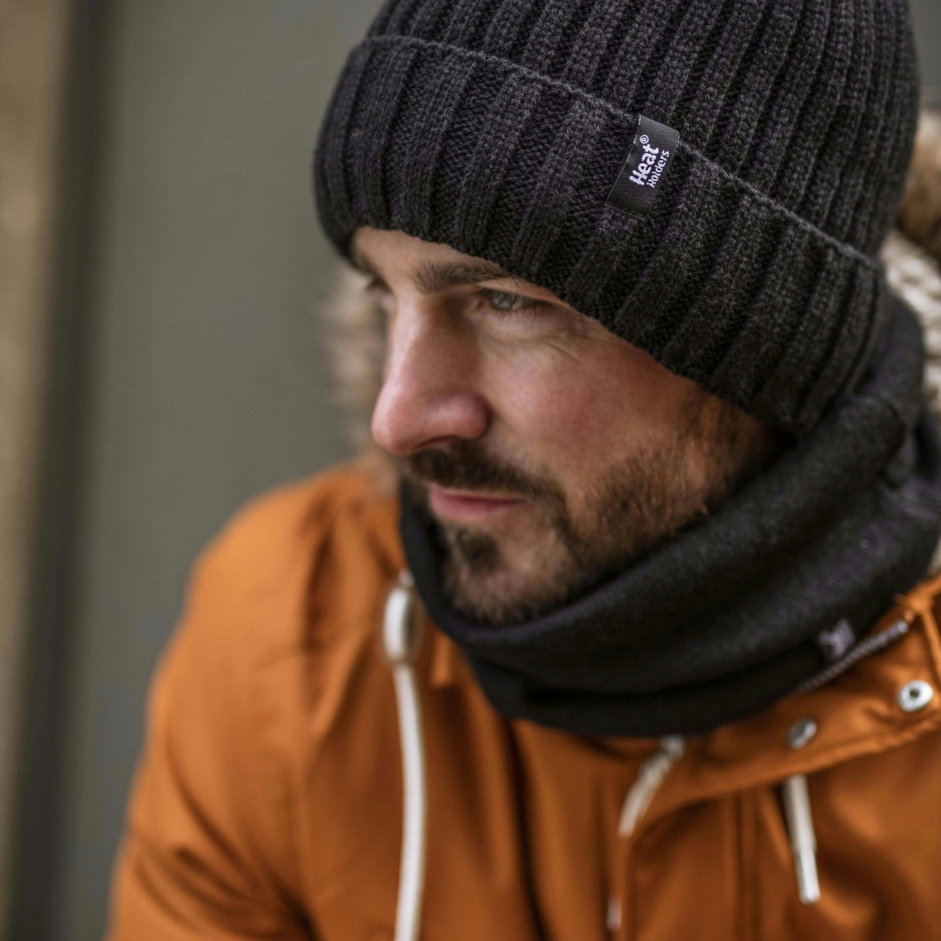 Mens Ribbed Knit Fleece Lined Turn Over Cuff Thermal Beanie Hat , view 3 of 5