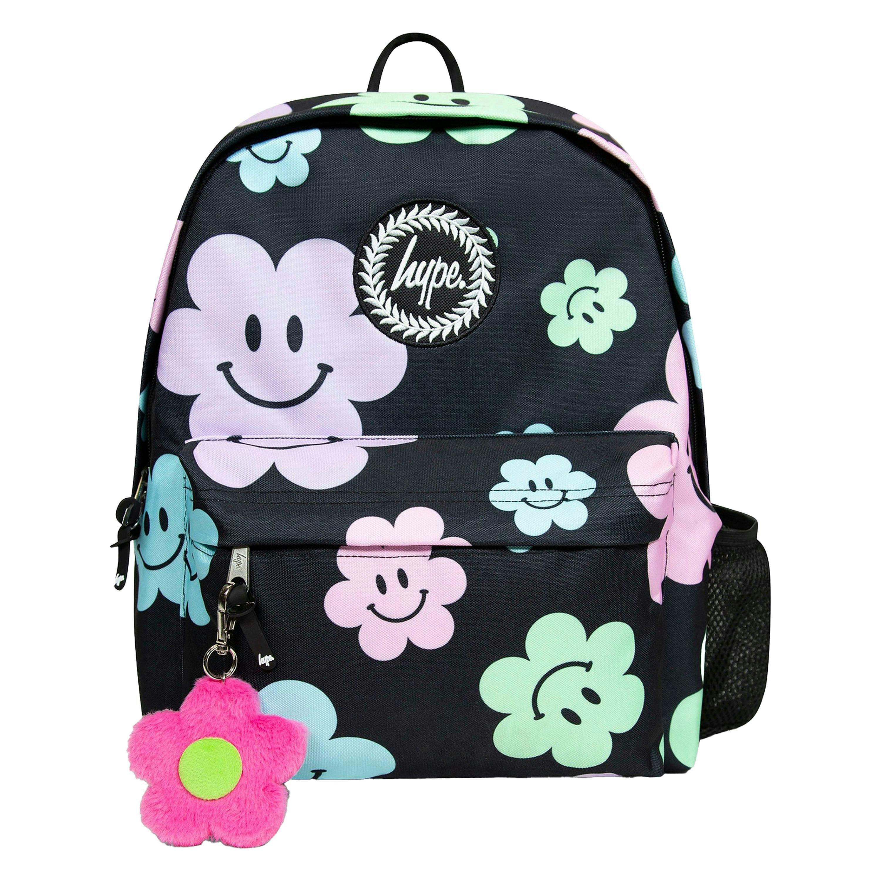 Kids Black Happy Flowers Backpack with Adjustable Straps | School Travel Bag , view 1 of 5