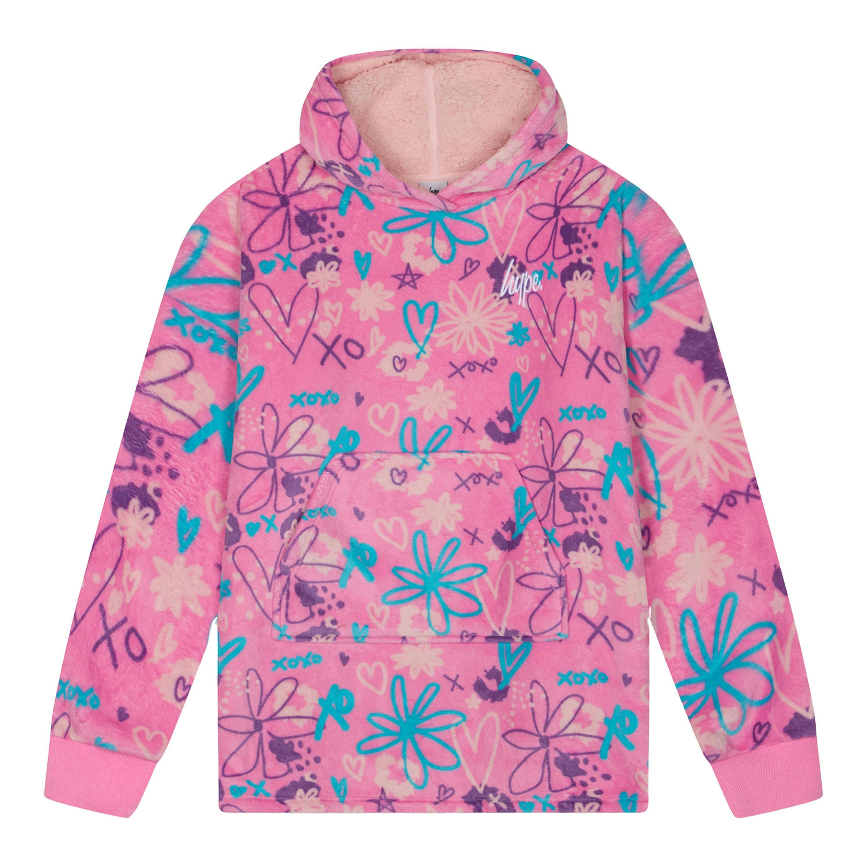 Girls Oversized Blanket Blue Scribble Hoodie Kids Fleece Warm Lounge Wear , view 1 of 5