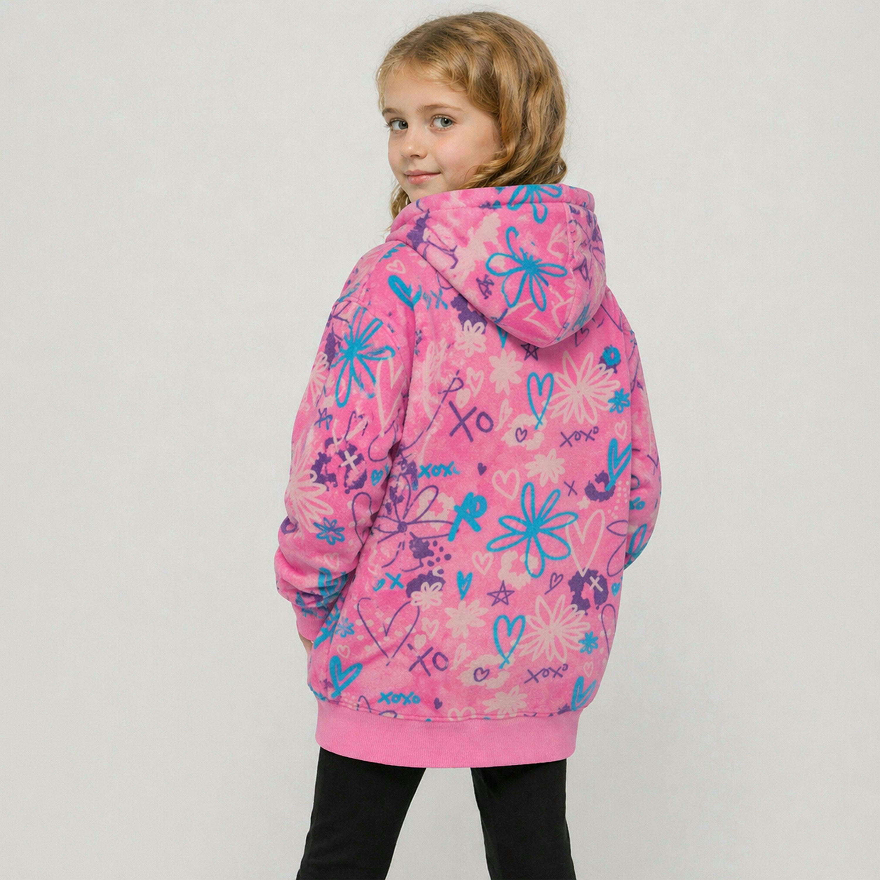 Girls Oversized Blanket Blue Scribble Hoodie Kids Fleece Warm Lounge Wear , view 5 of 5