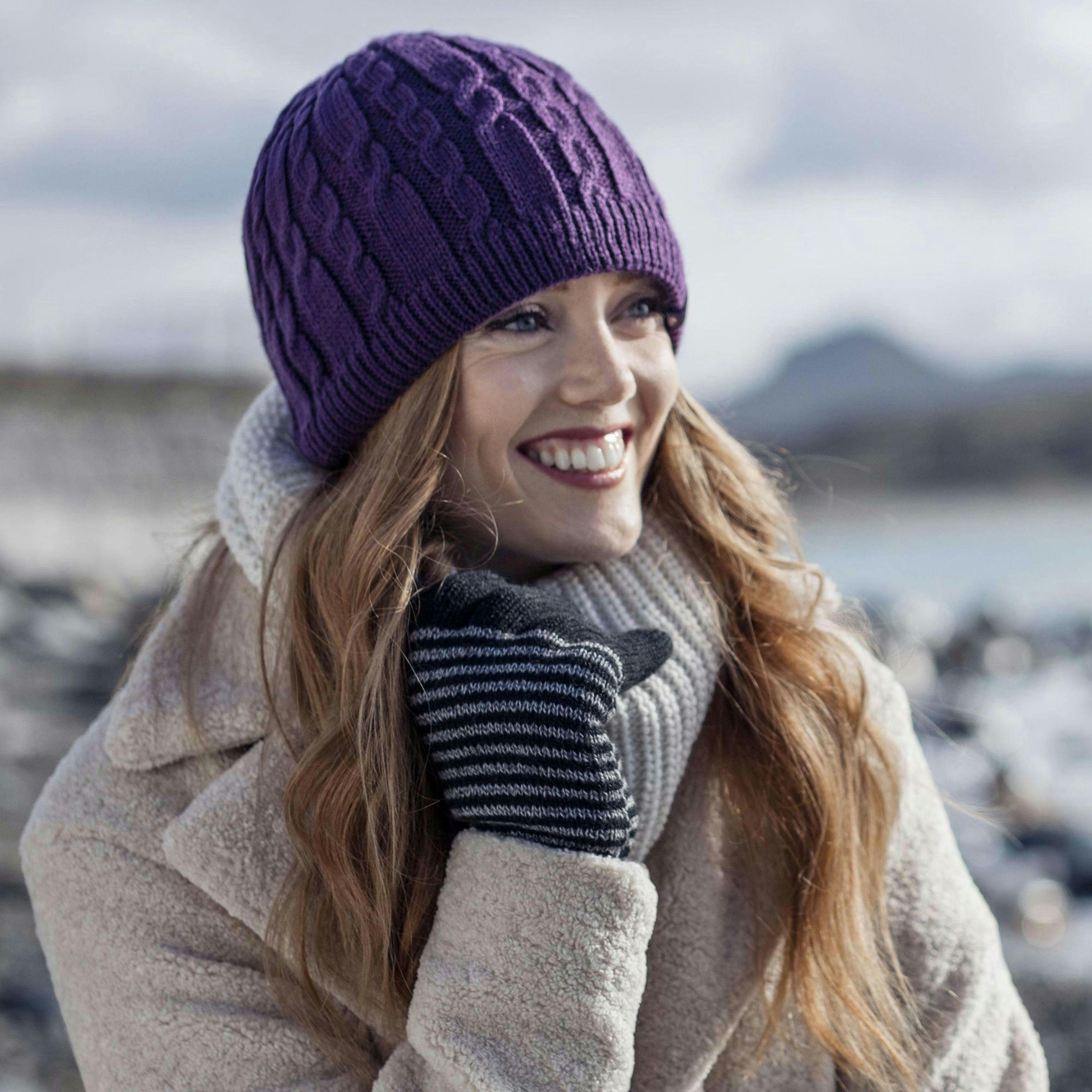 Ladies Cable Knit Fleece Lined Knitted Thermal Beanie Hat , view 3 of 5