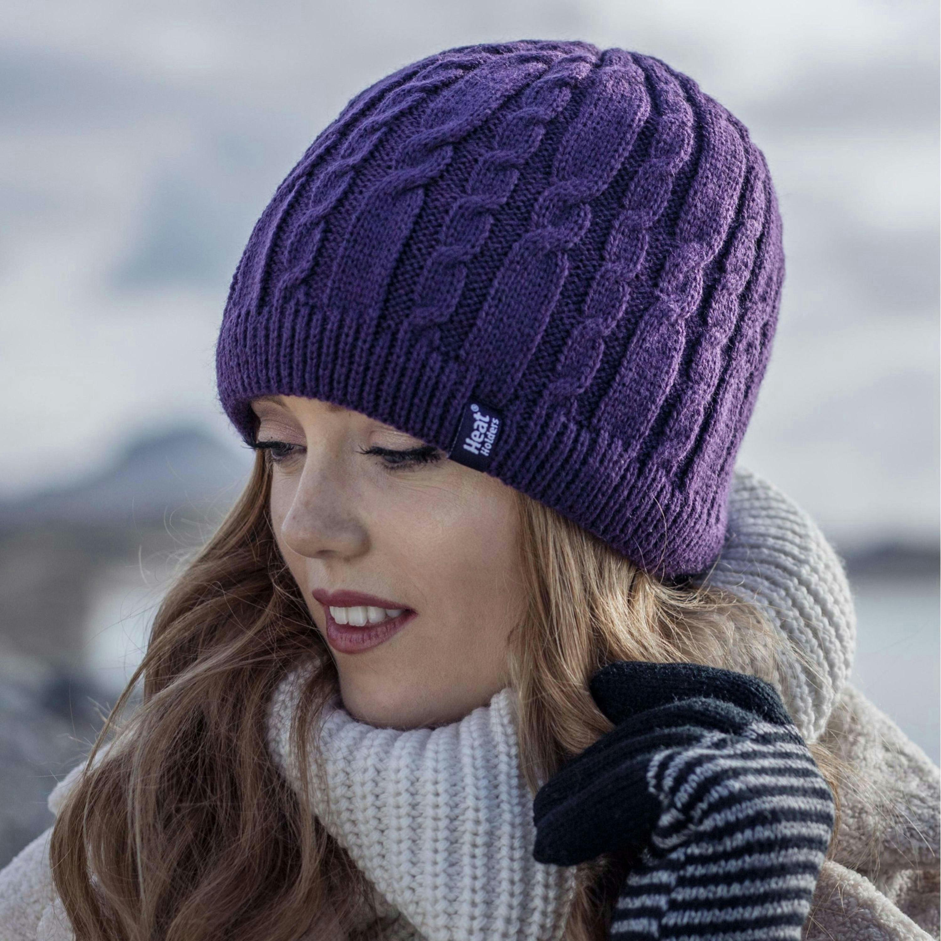 Ladies Cable Knit Fleece Lined Knitted Thermal Beanie Hat , view 5 of 5
