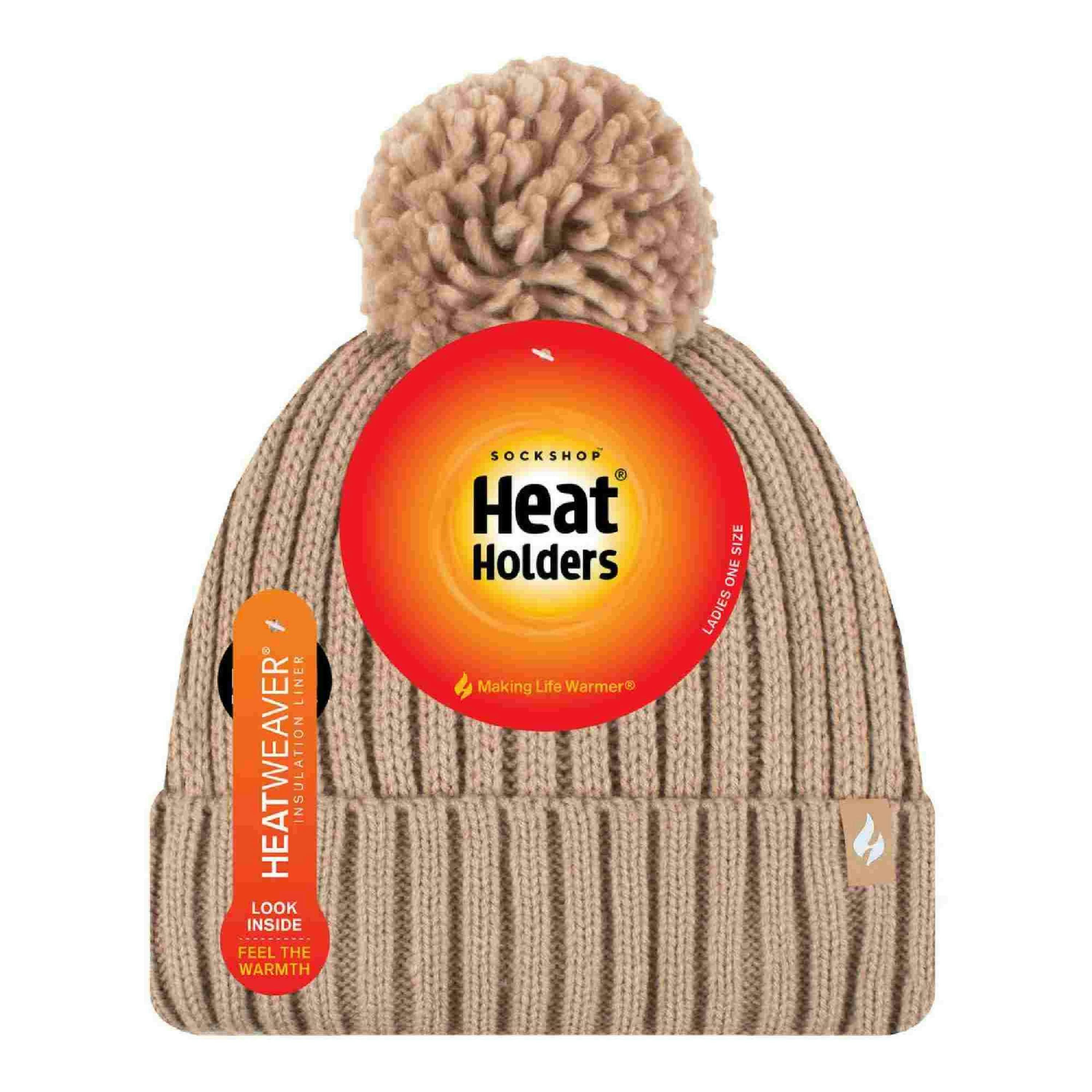 Ladies Ribbed Cuffed Thermal Insulated Winter Pom Pom Bobble Hat , view 2 of 5
