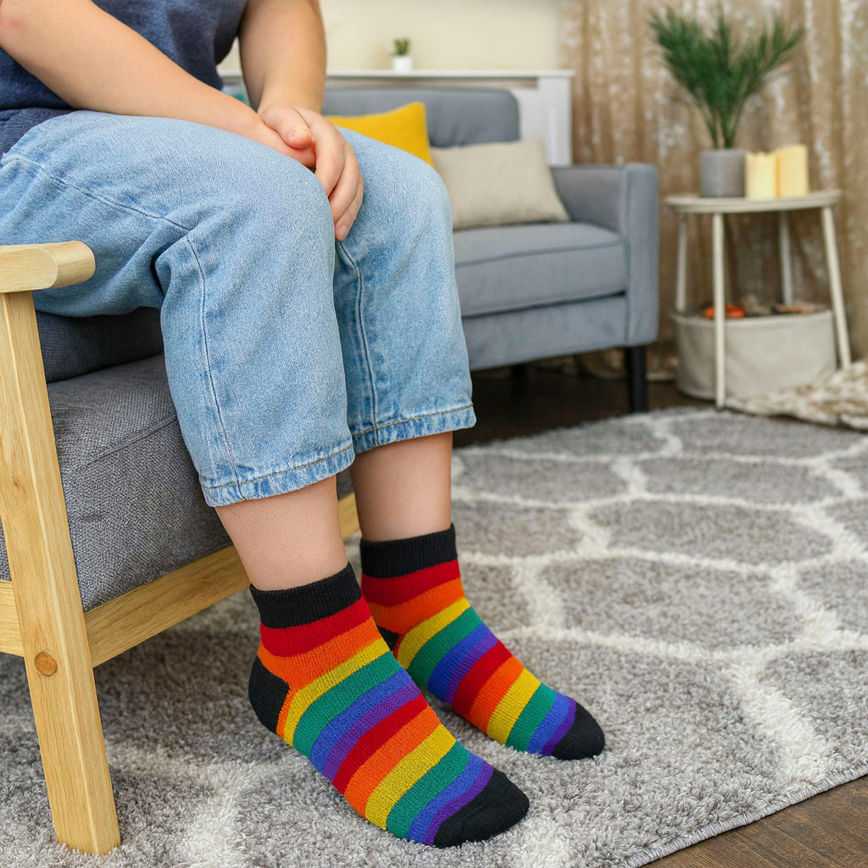 6 Pack Kids Boys Girls Rainbow Trainer Cotton Socks Colourful Striped Socks , view 3 of 5
