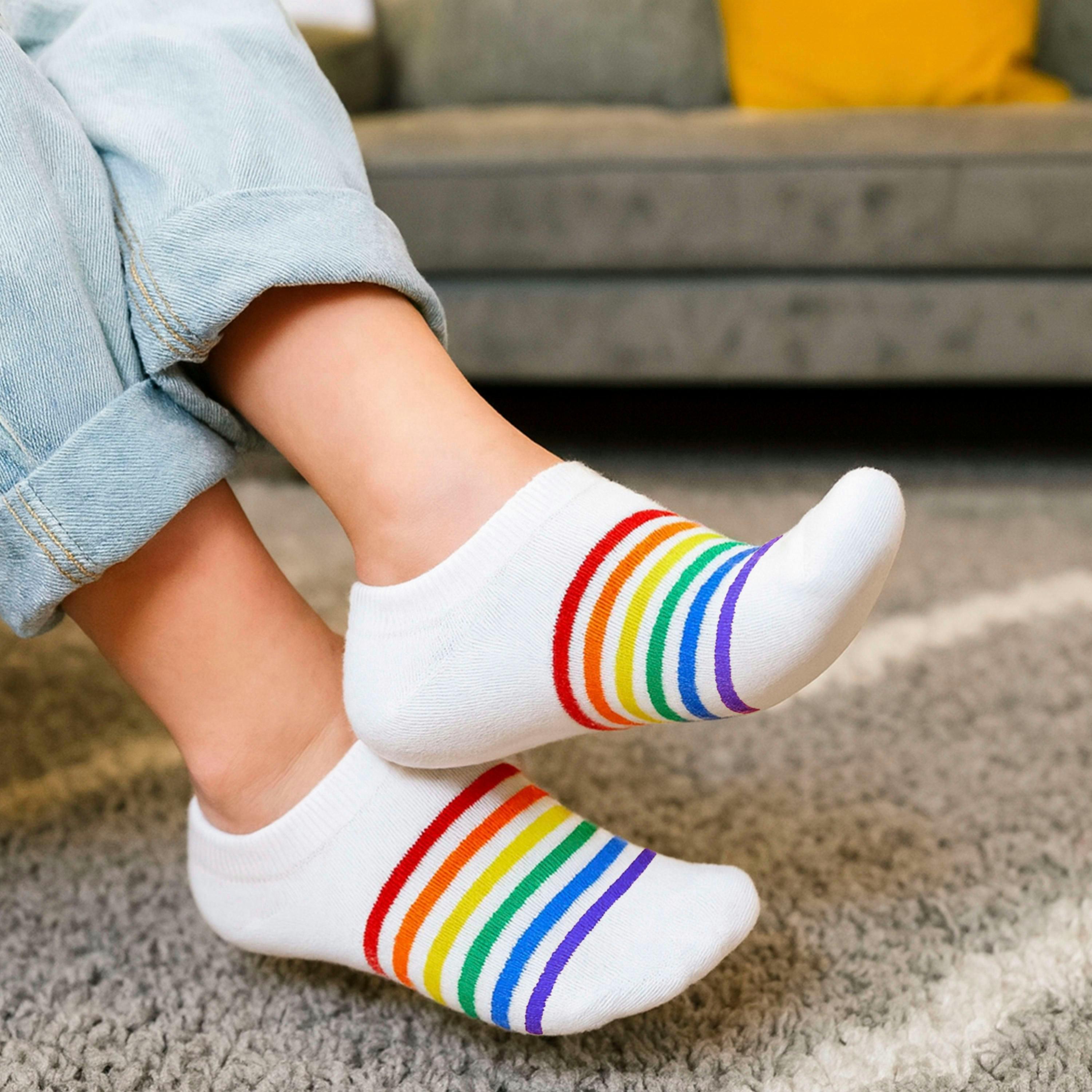 6 Pack Kids Boys Girls Rainbow Trainer Cotton Socks Colourful Striped Socks , view 4 of 5