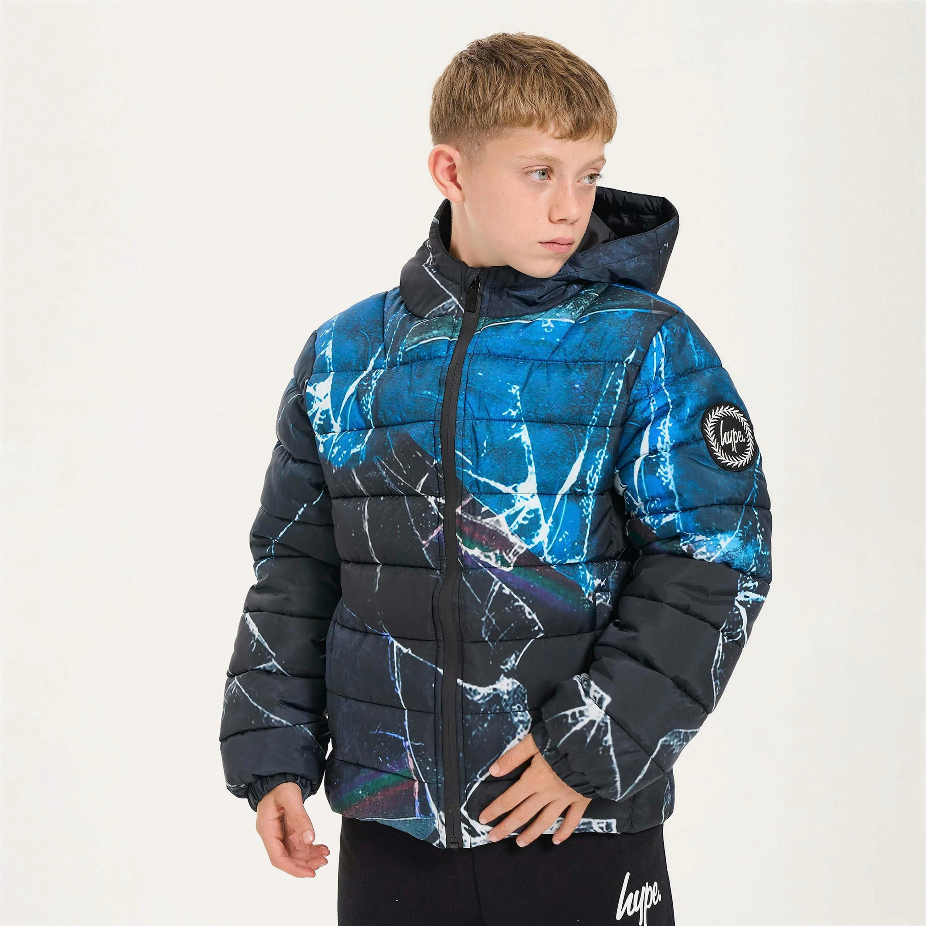 Boys Padded Jacket Kids Black Blue Hooded Quilted Warm Winter Coat , view 3 of 5