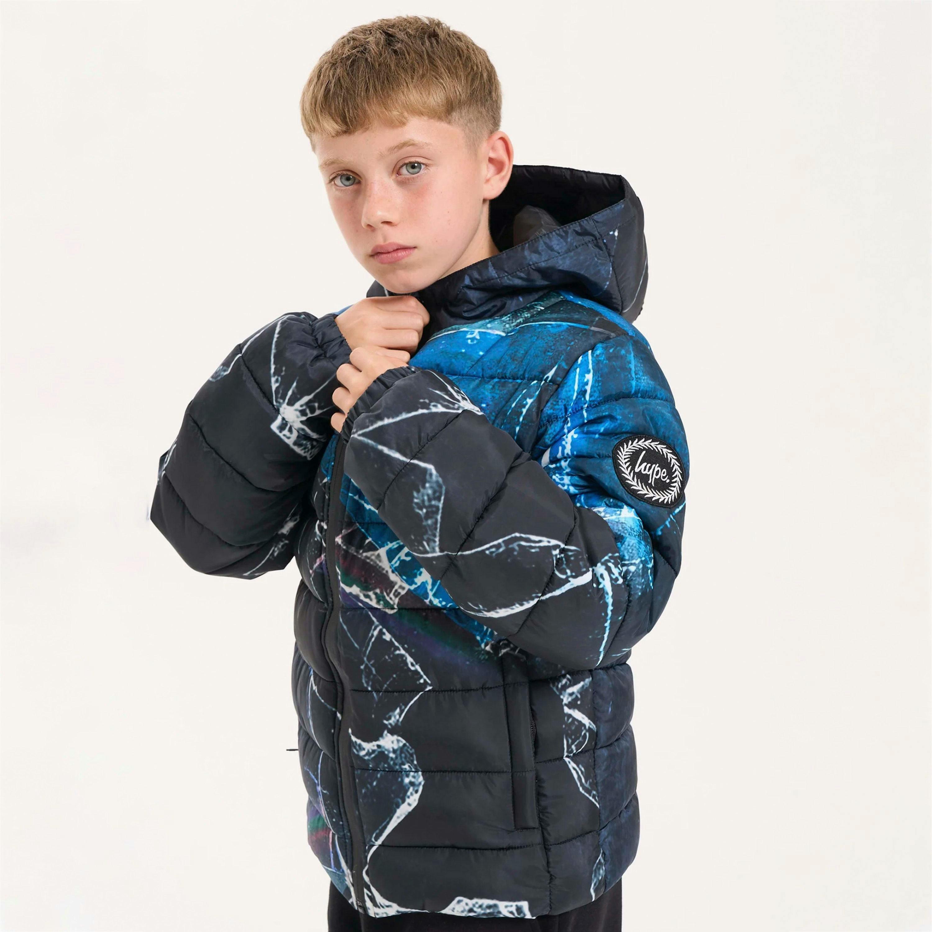 Boys Padded Jacket Kids Black Blue Hooded Quilted Warm Winter Coat , view 4 of 5