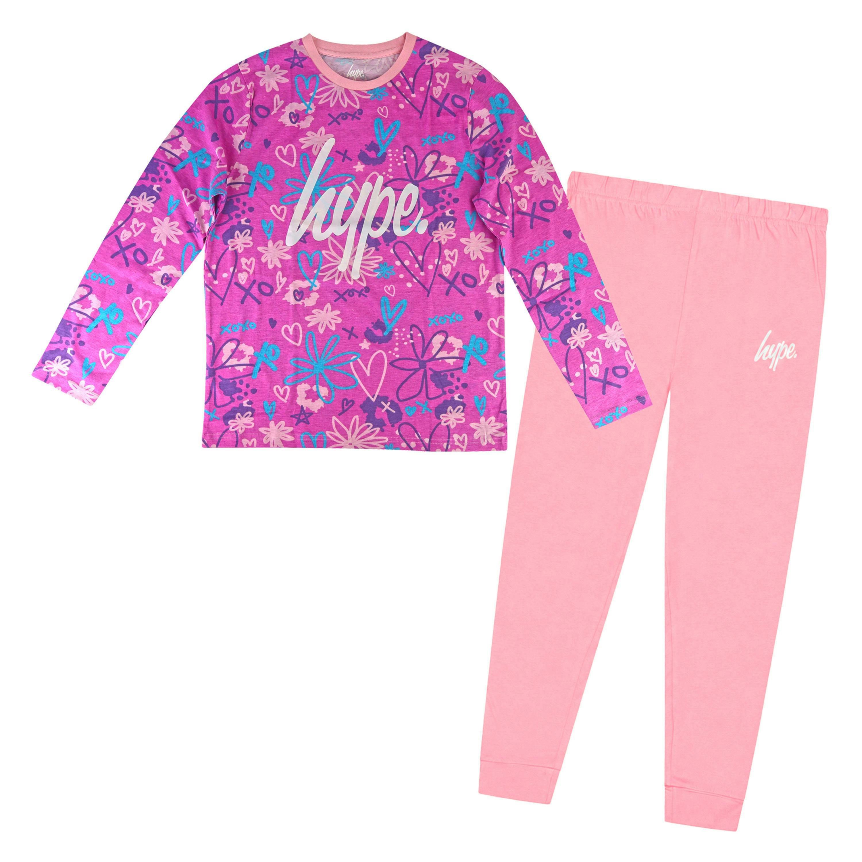 Girls 100% Cotton Scribble Pink Pyjama Set Long Sleeve Nightwear , view 1 of 5