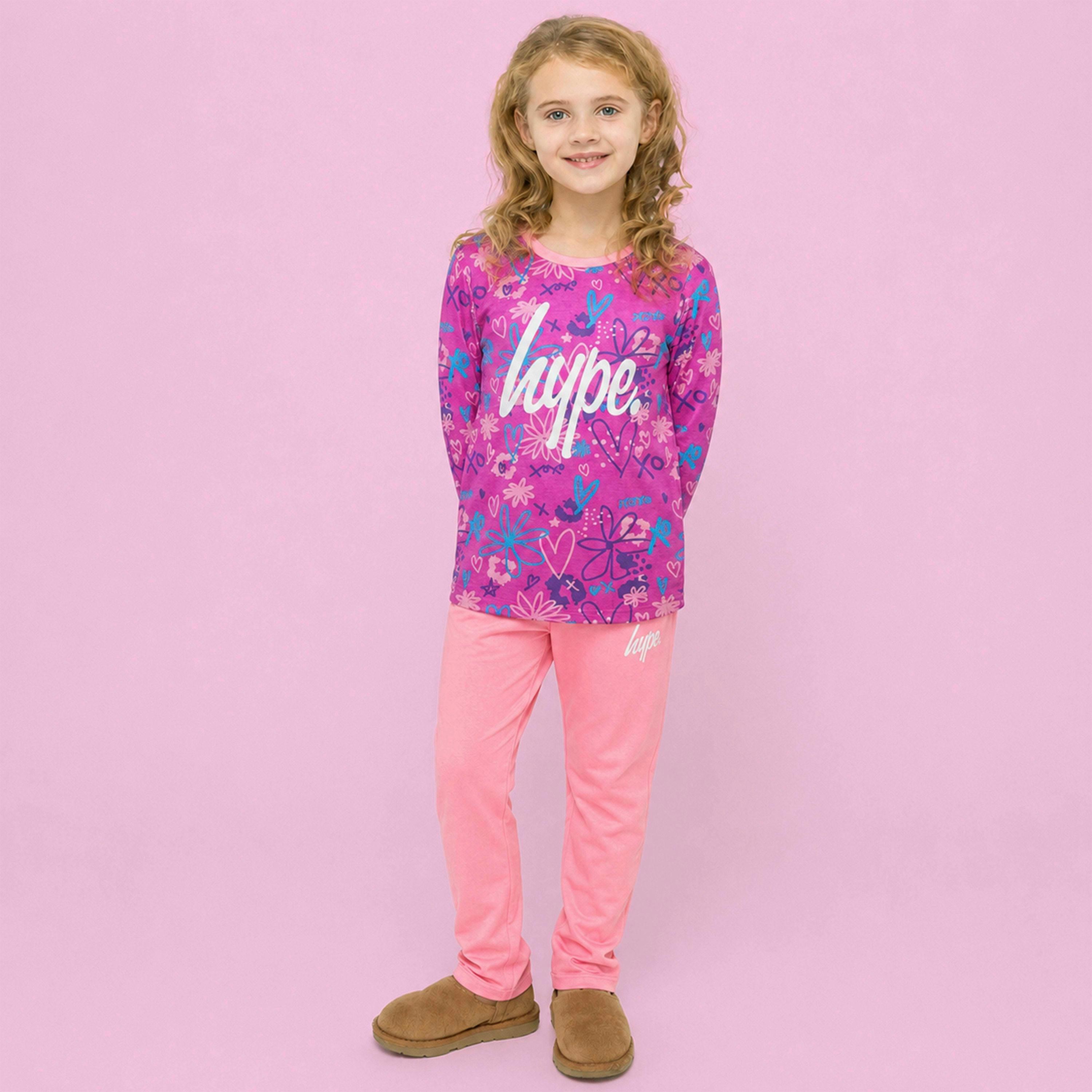 Girls 100% Cotton Scribble Pink Pyjama Set Long Sleeve Nightwear , view 4 of 5