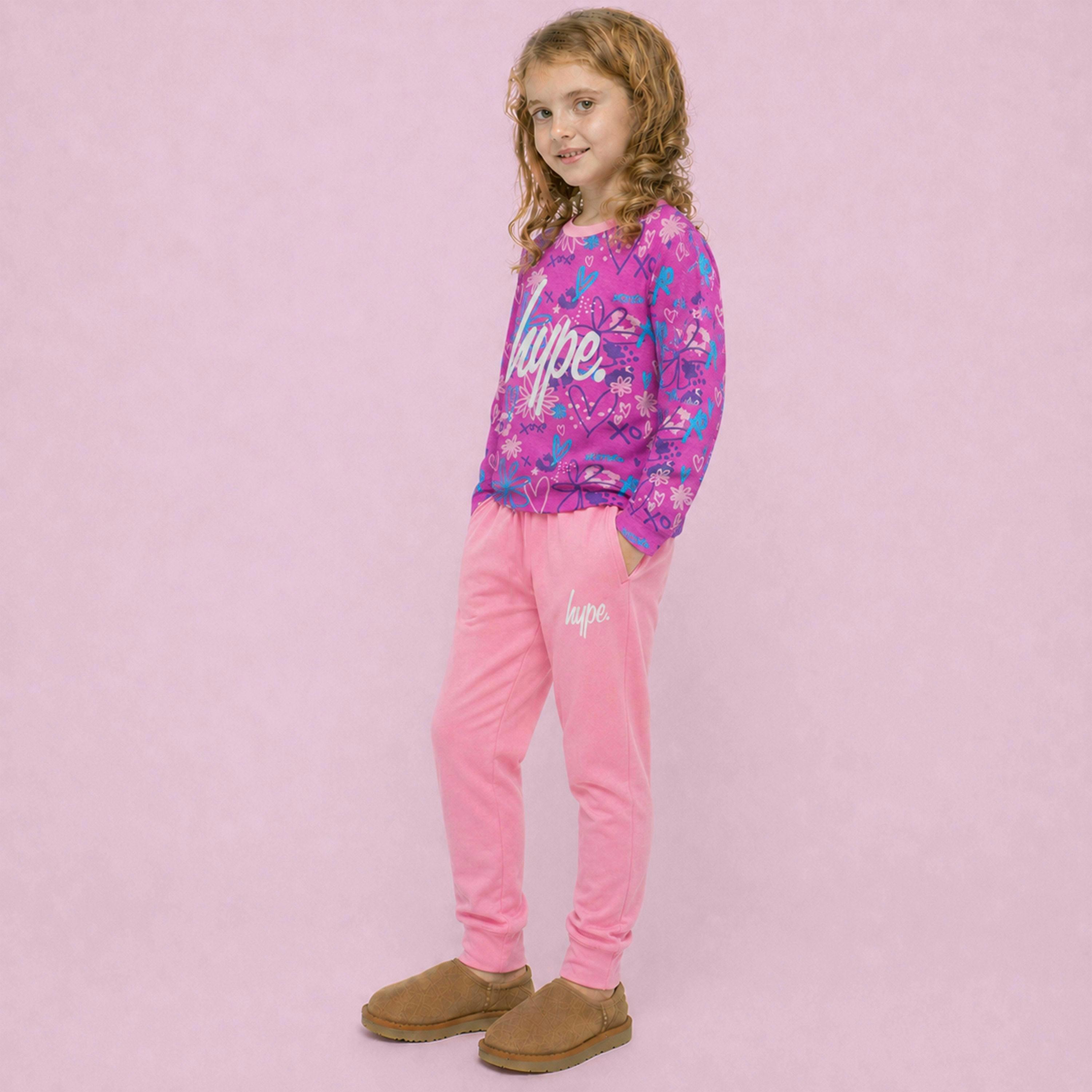 Girls 100% Cotton Scribble Pink Pyjama Set Long Sleeve Nightwear , view 5 of 5