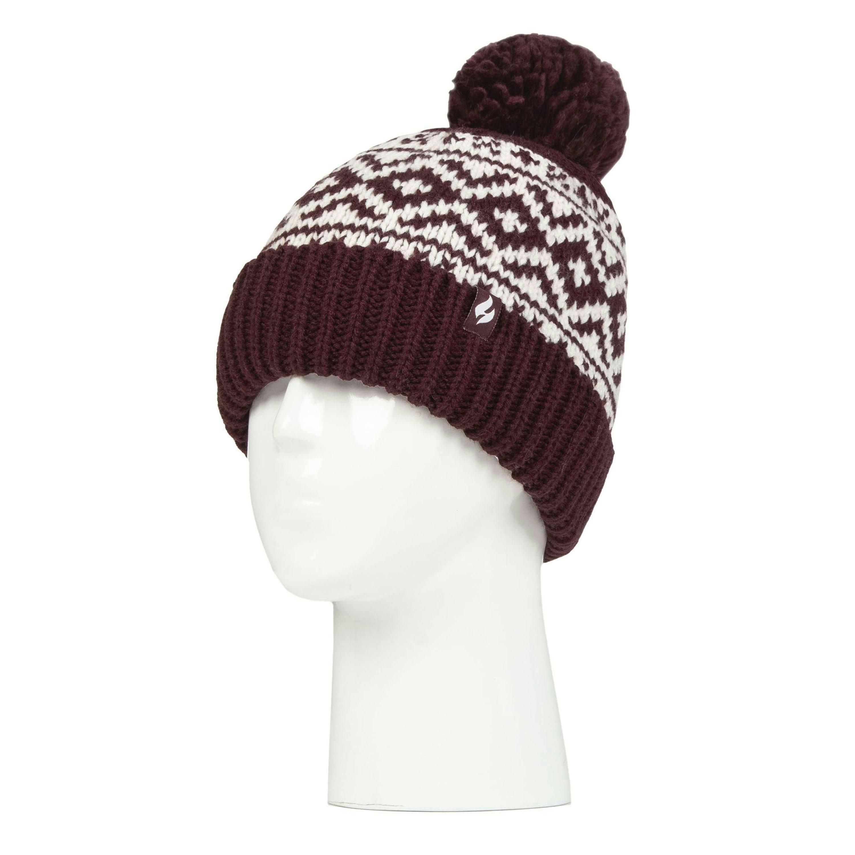 Cosy Patterned Bobble Hat for Women | Cable Knit Beanie with Fleece Lining , view 3 of 4