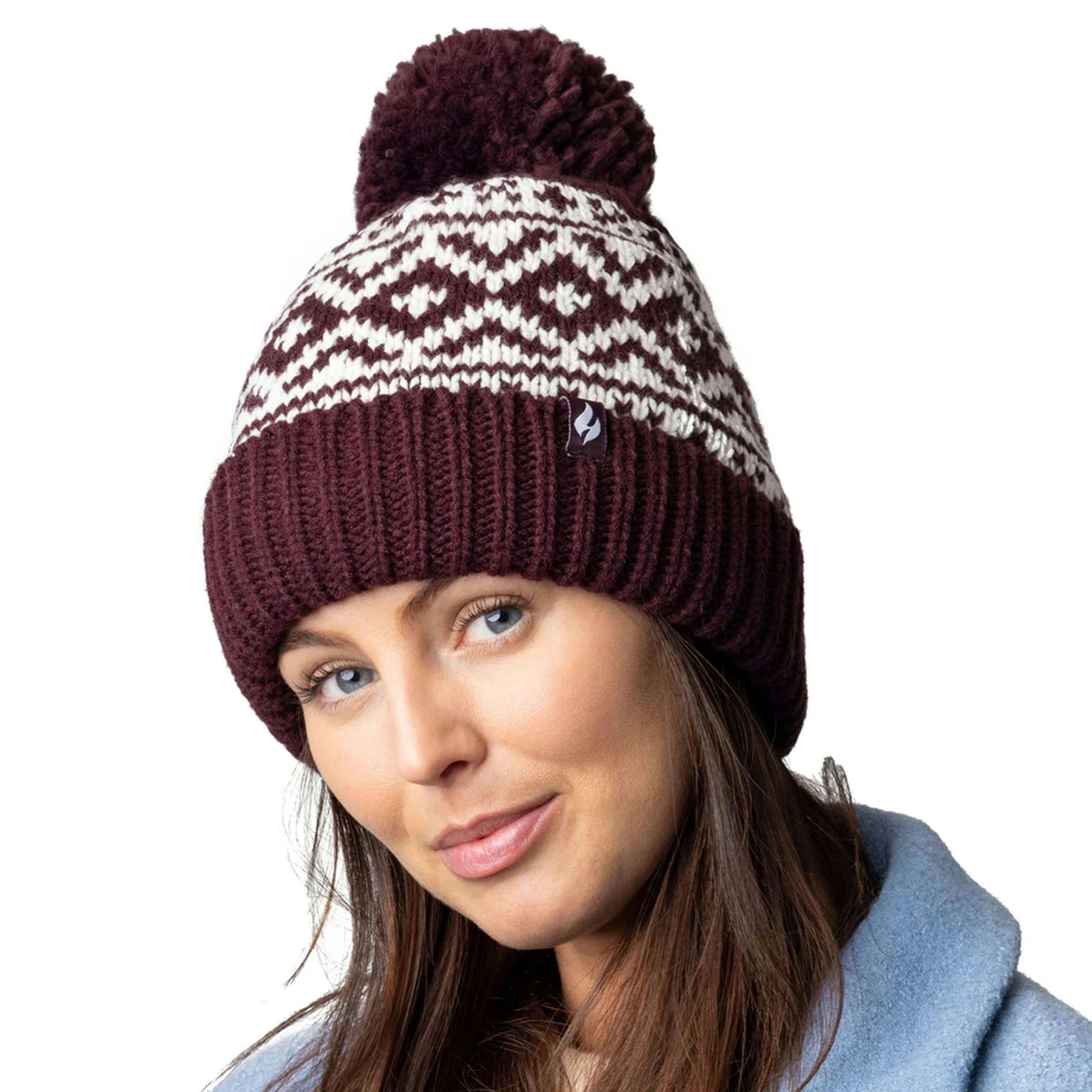 Cosy Patterned Bobble Hat for Women | Cable Knit Beanie with Fleece Lining , view 4 of 4