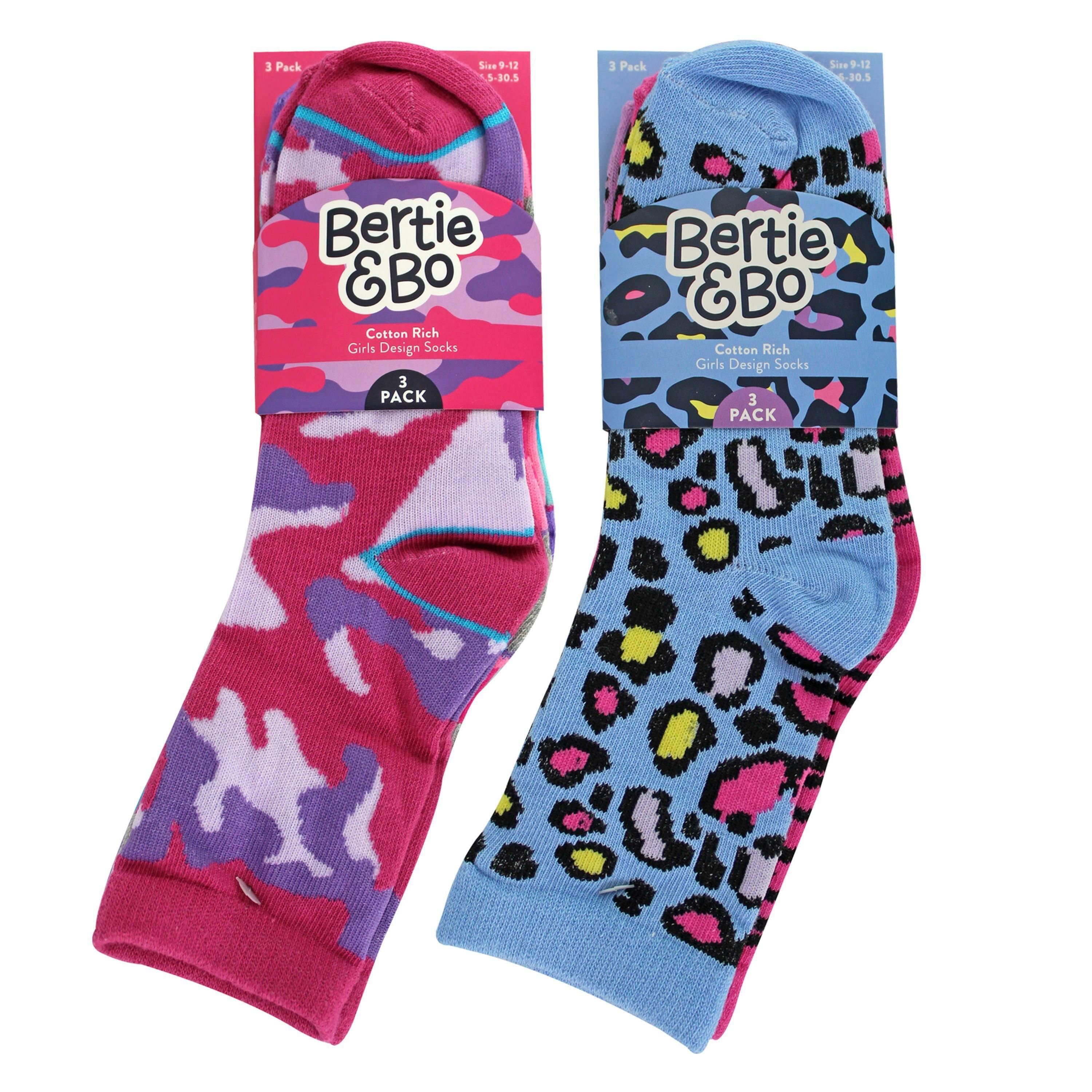 6 Pack Girls Animal Print Cotton Socks | Colourful Camo Patterned Socks , view 2 of 5