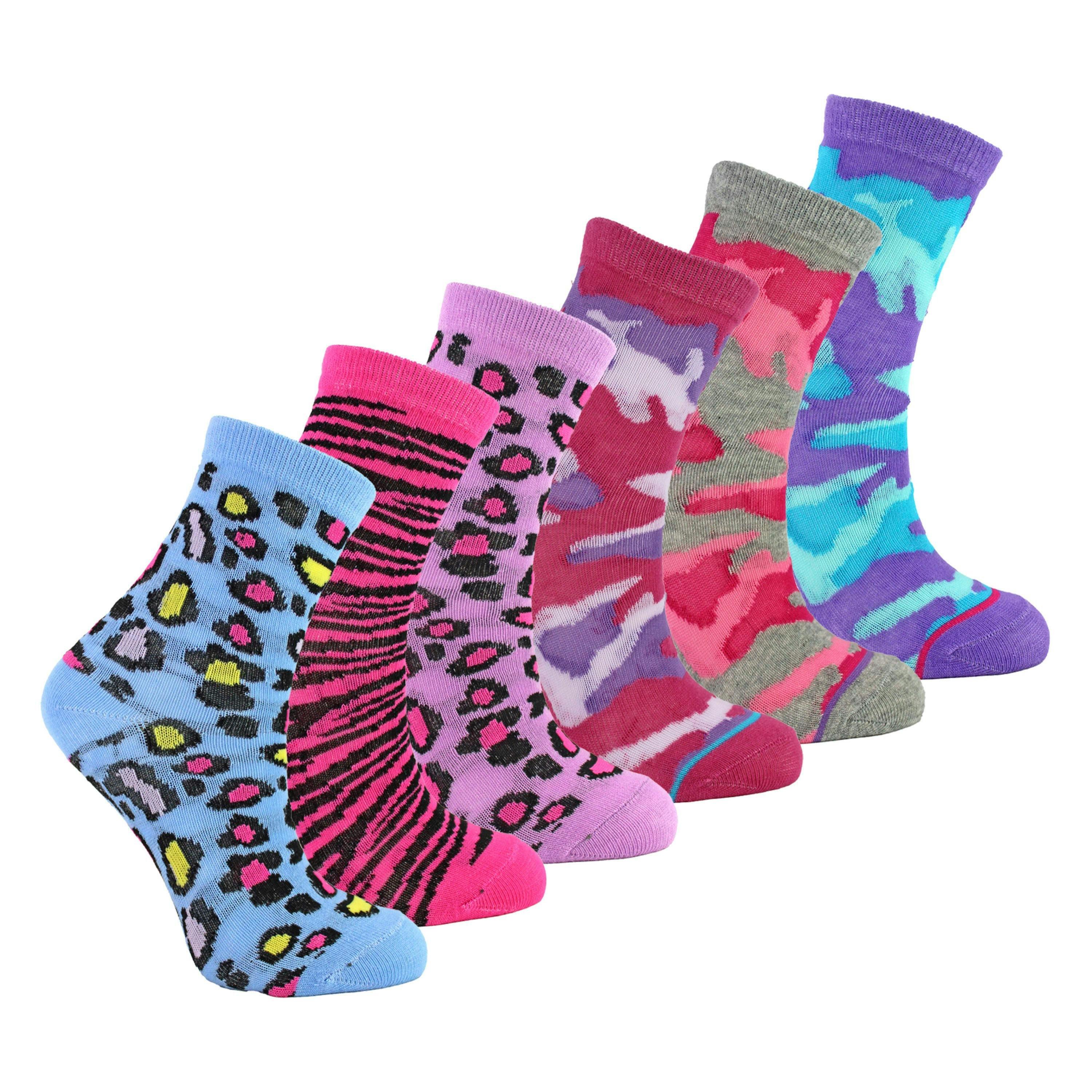 6 Pack Girls Animal Print Cotton Socks | Colourful Camo Patterned Socks , view 3 of 5