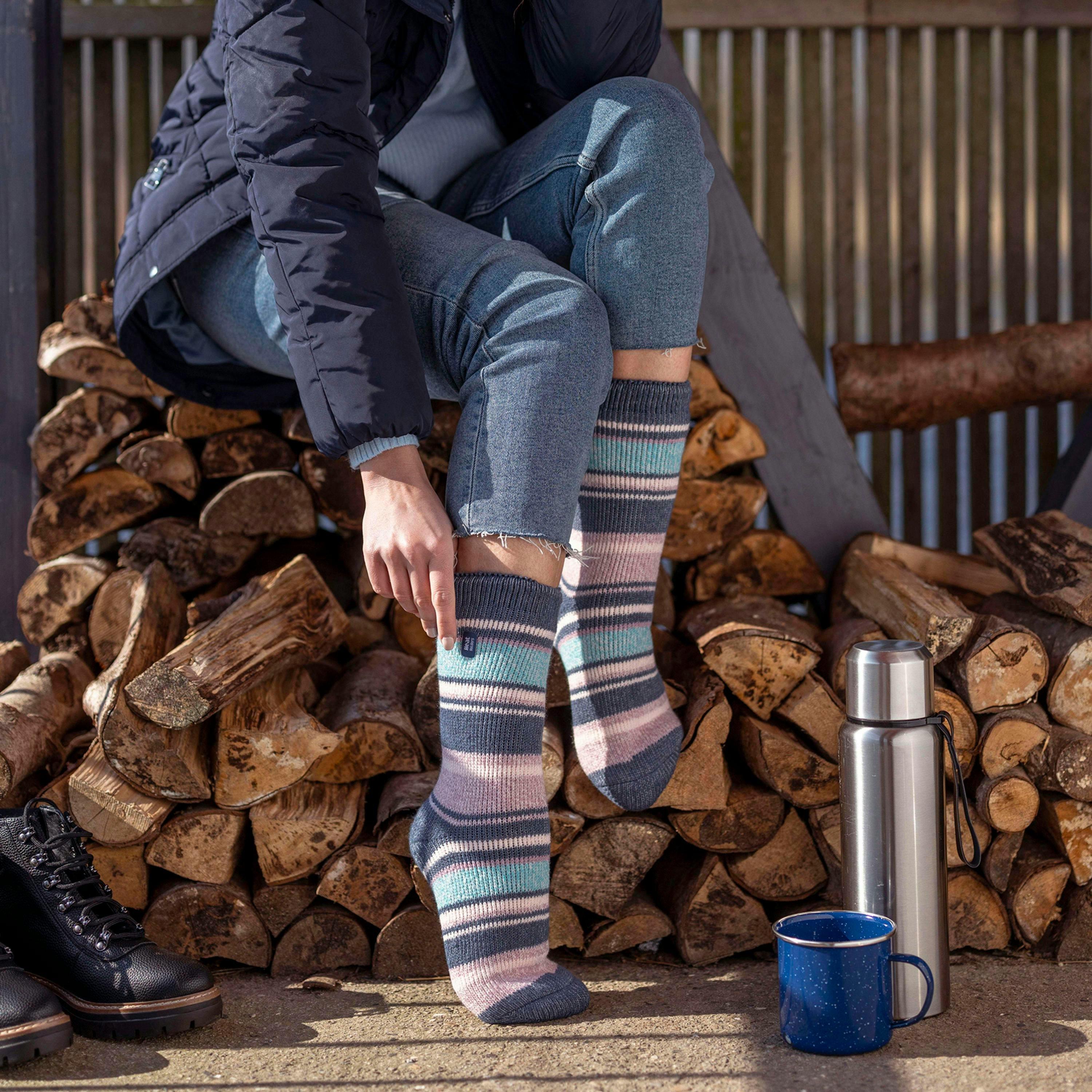 Ladies Amara Two Tone Stripe Patterned Thermal Socks , view 5 of 5