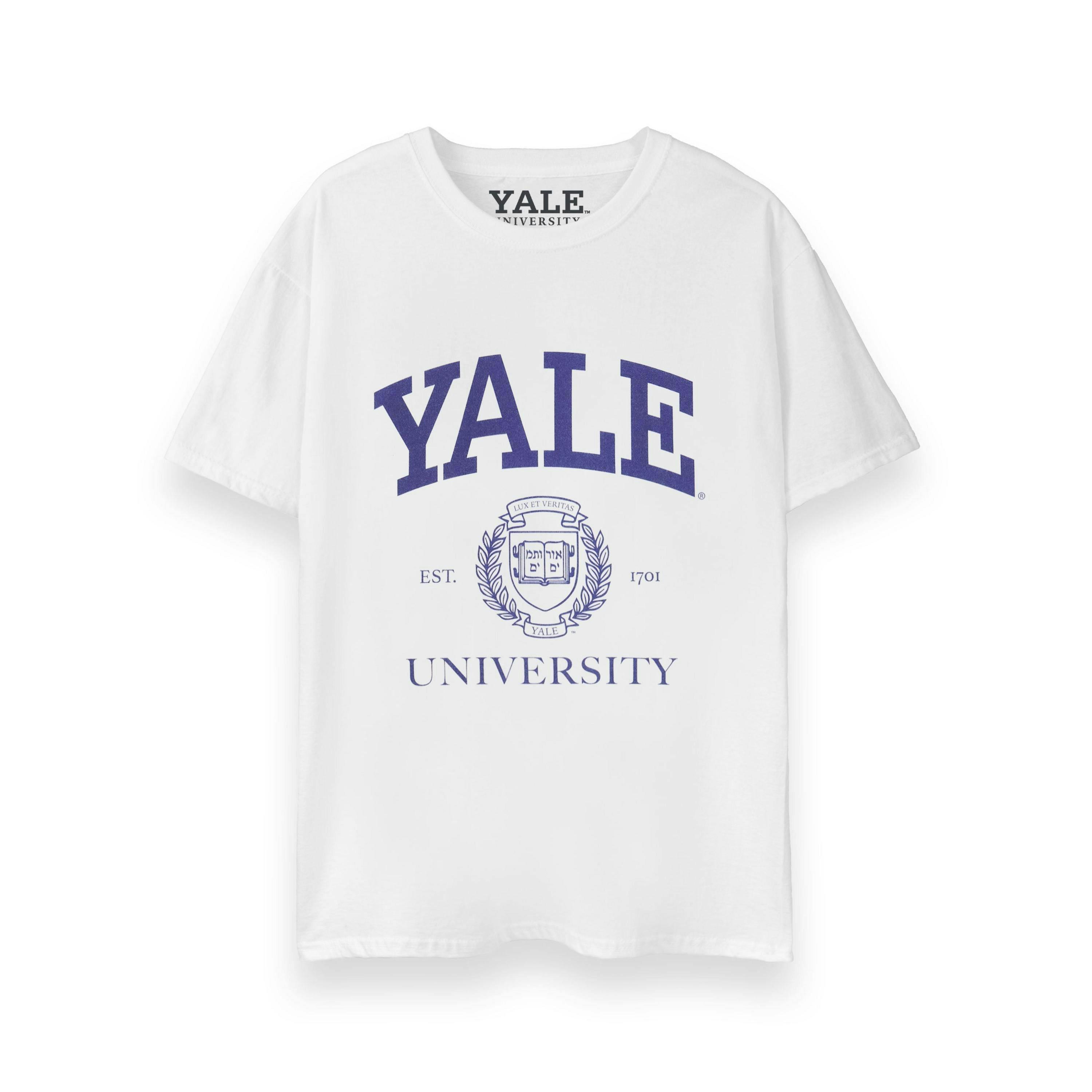 Yale Unisex White Crest Logo Short Sleeved T-Shirt by Vanilla Underground , view 1 of 1