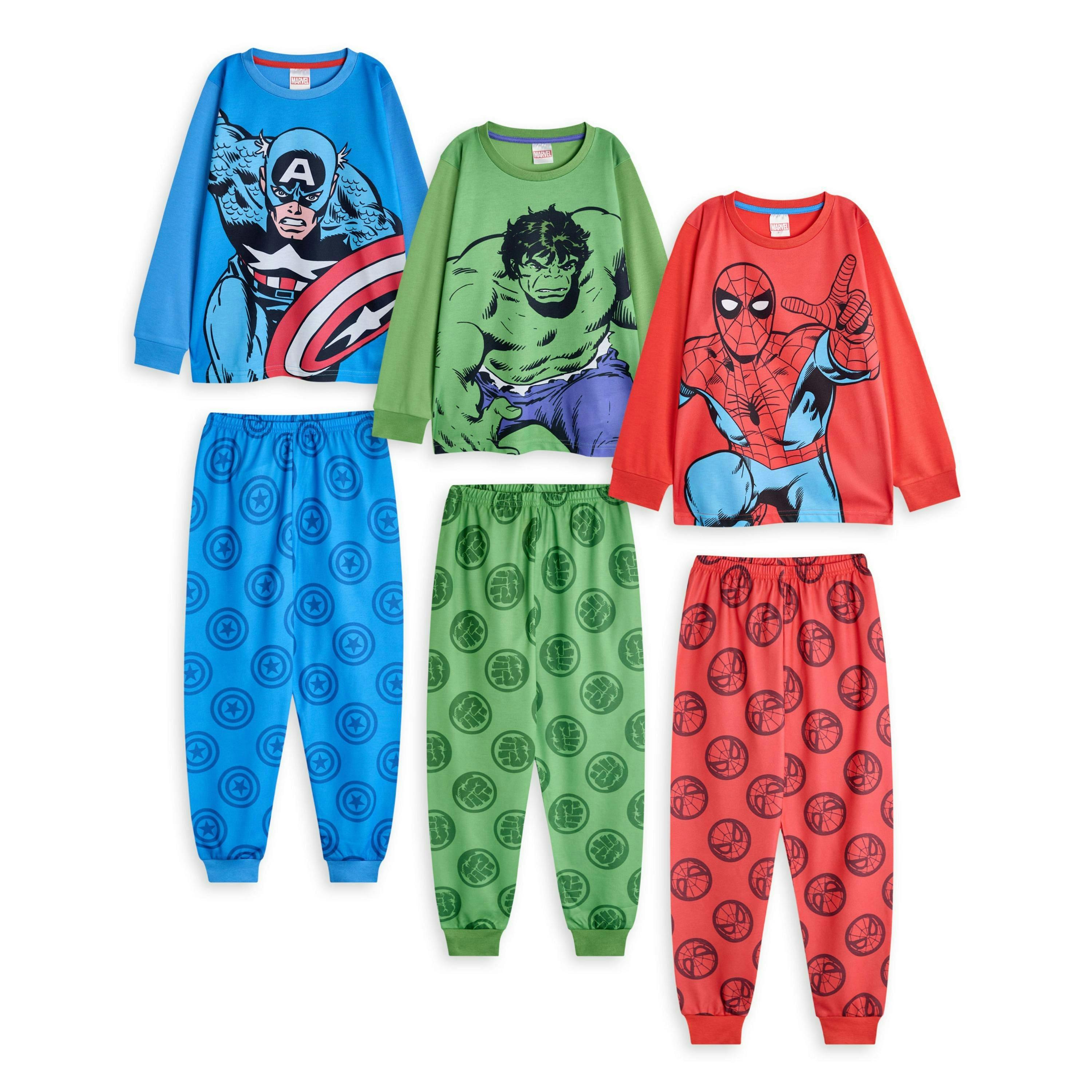 Marvel Boys Multicoloured Spiderman, Hulk, Captain America Multi-Pack of 3 Long Sleeve Long Leg Pyjama Set by Vanilla Underground , view 1 of 1