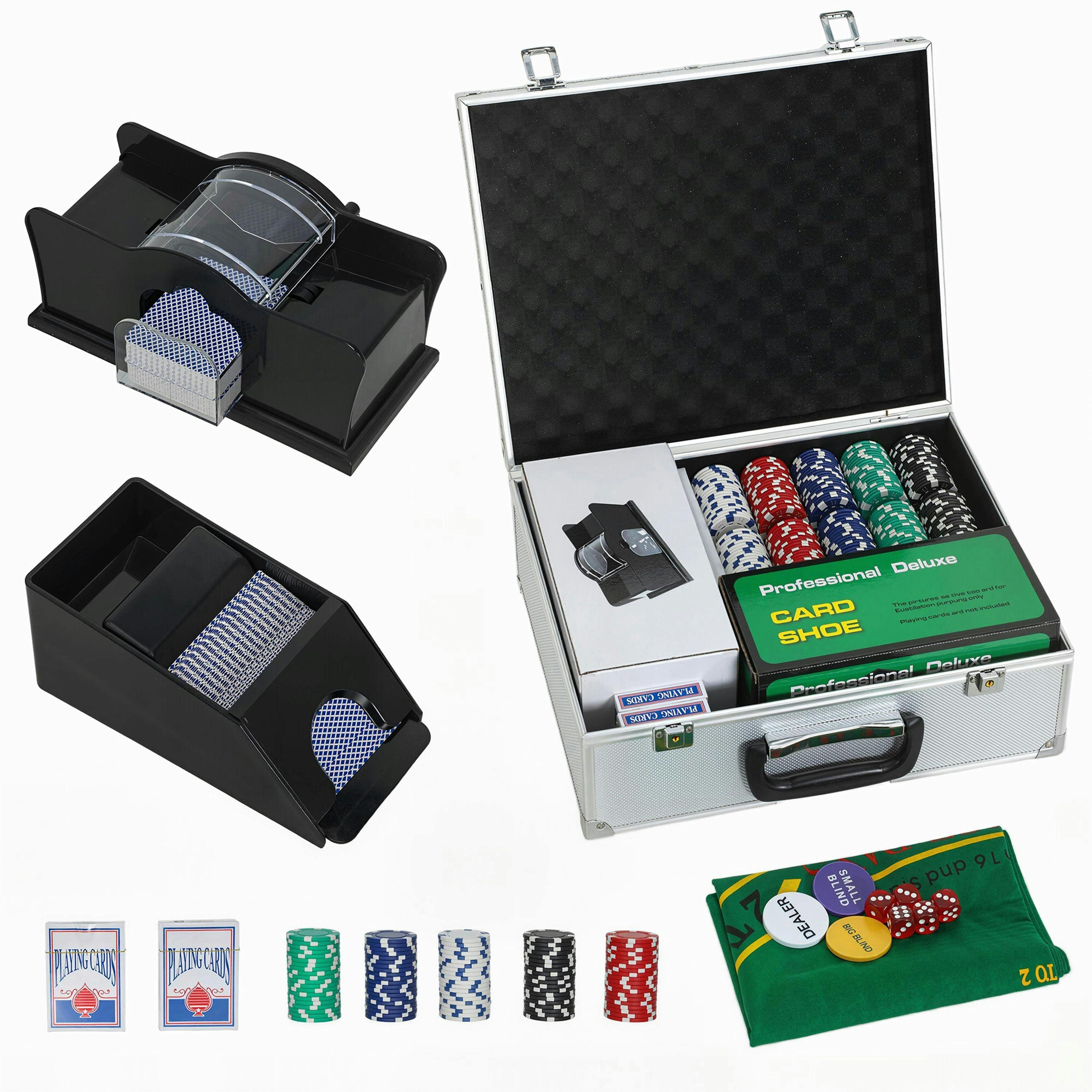 SPORTNOW 300-Piece Texas Holdem Poker Chips Set with Card Shuffler and Shoe , view 2 of 5