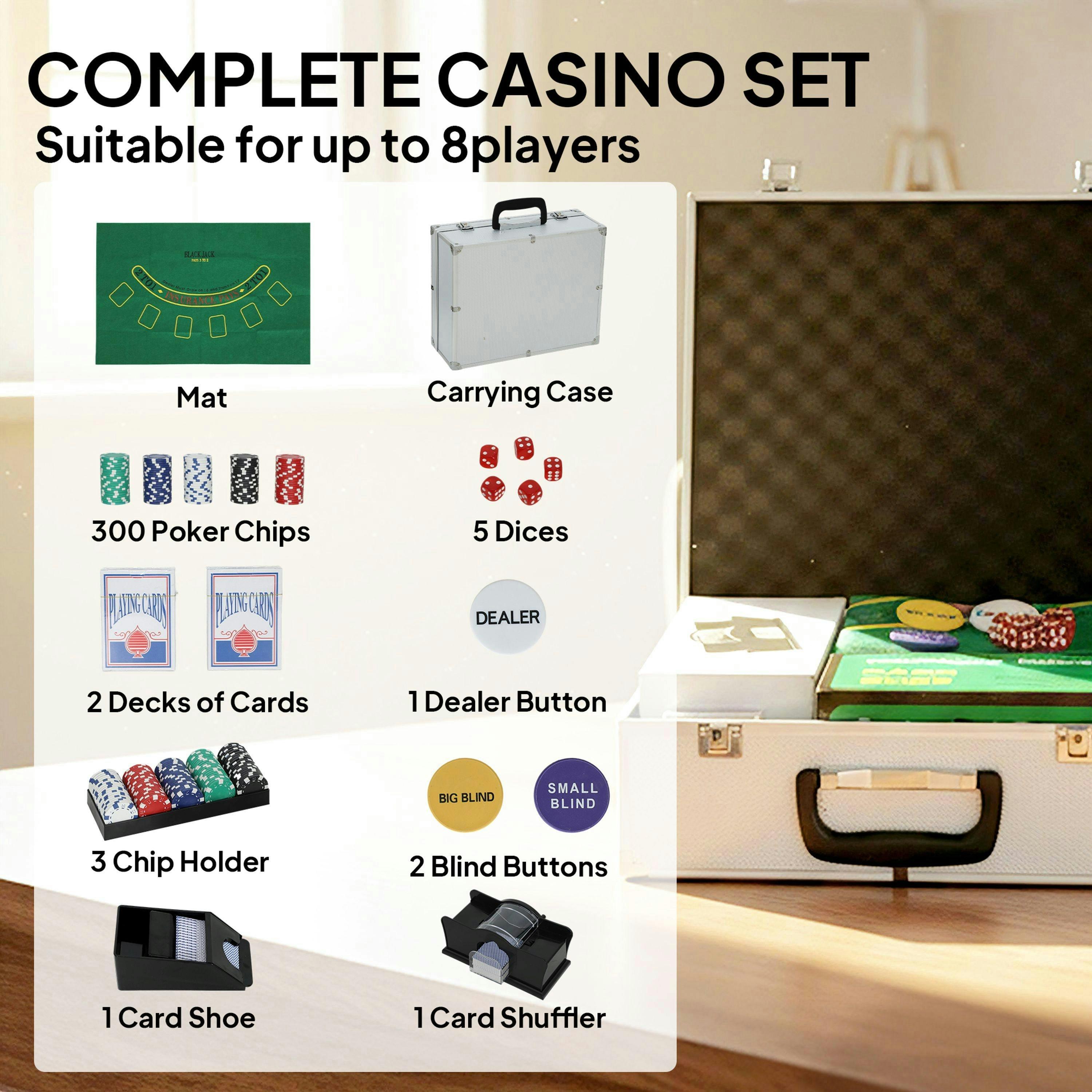 SPORTNOW 300-Piece Texas Holdem Poker Chips Set with Card Shuffler and Shoe , view 4 of 5