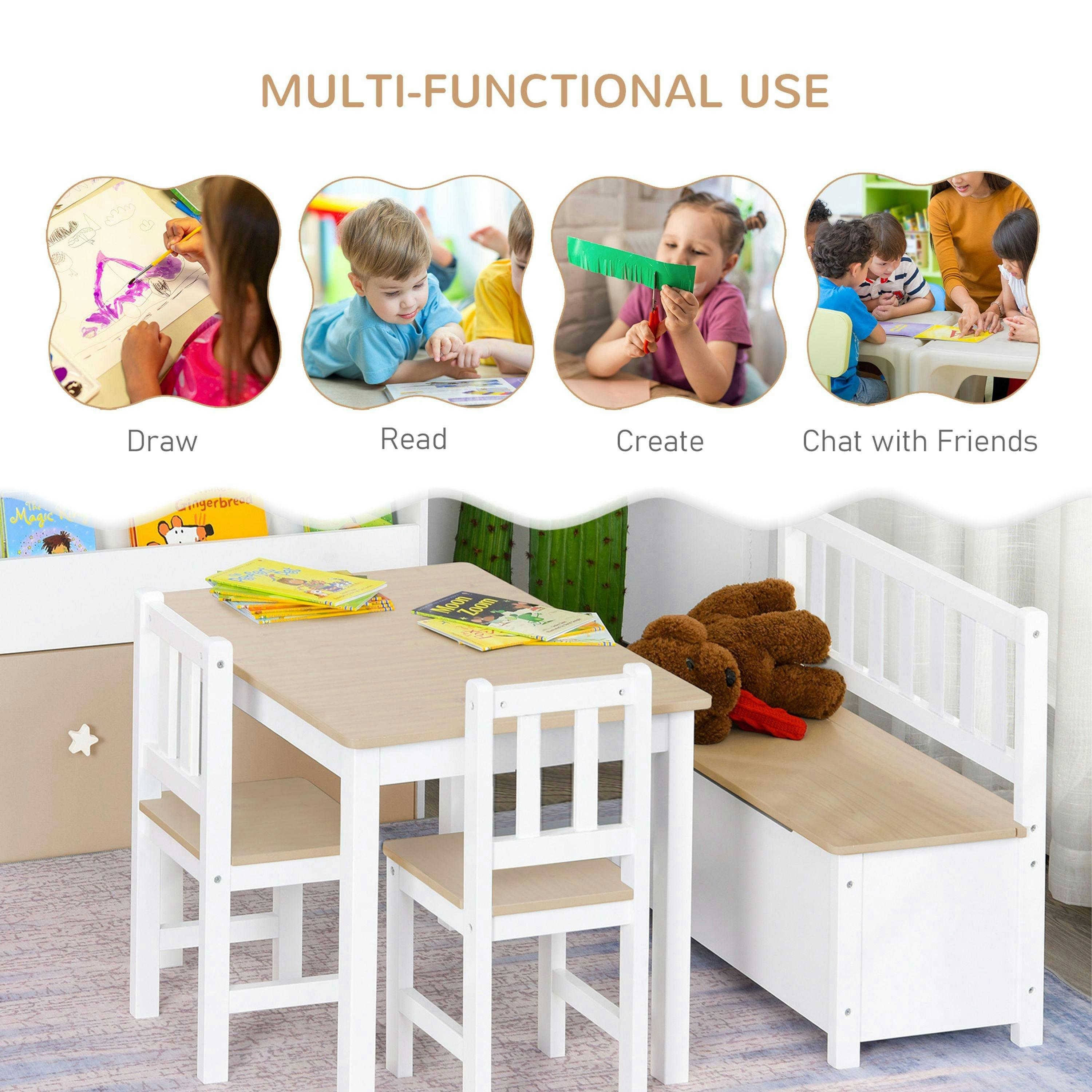 HOMCOM 4-Piece Set Kids Wood Table Chair Bench w/ Storage Function for 3 Years+ , view 4 of 5