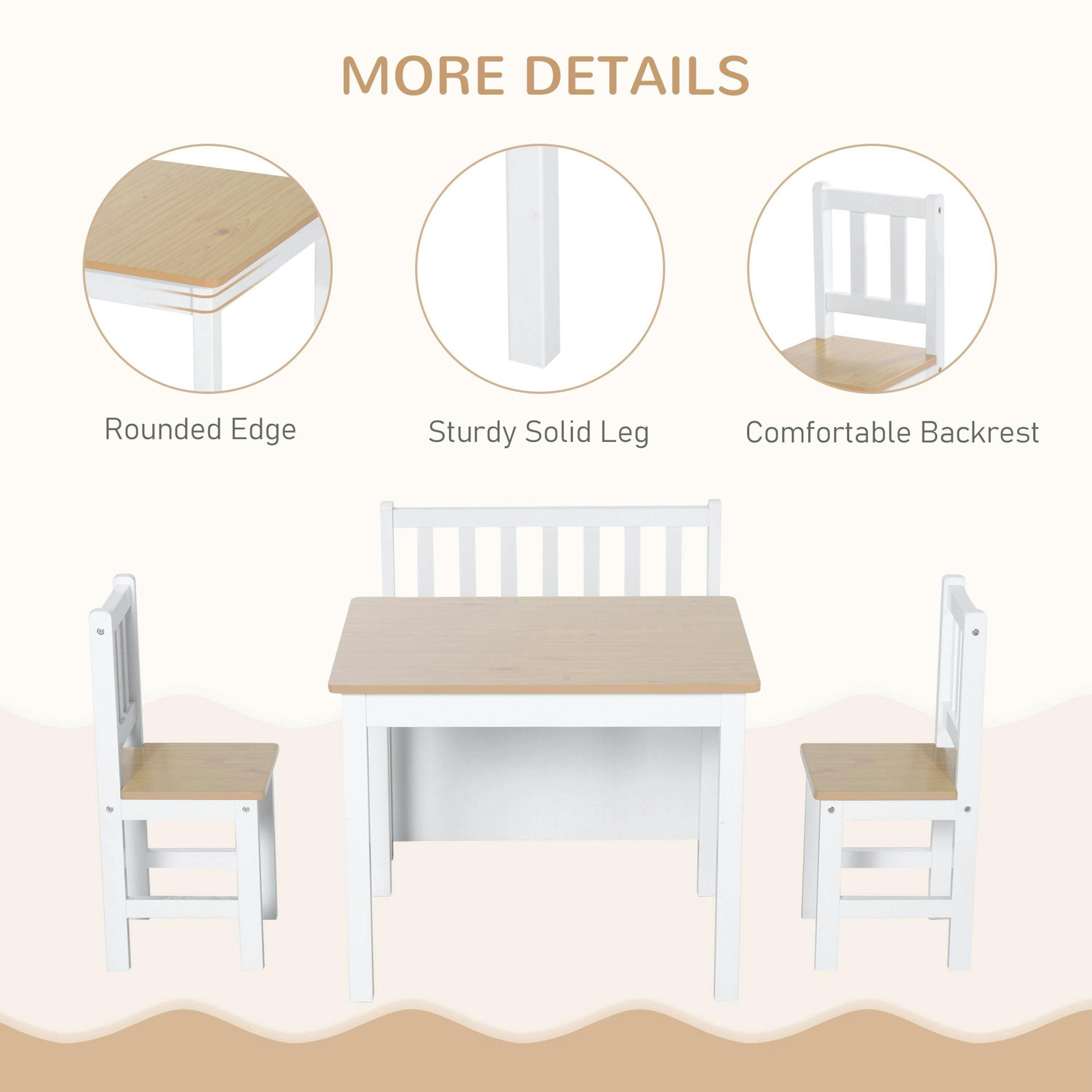 HOMCOM 4-Piece Set Kids Wood Table Chair Bench w/ Storage Function for 3 Years+ , view 5 of 5