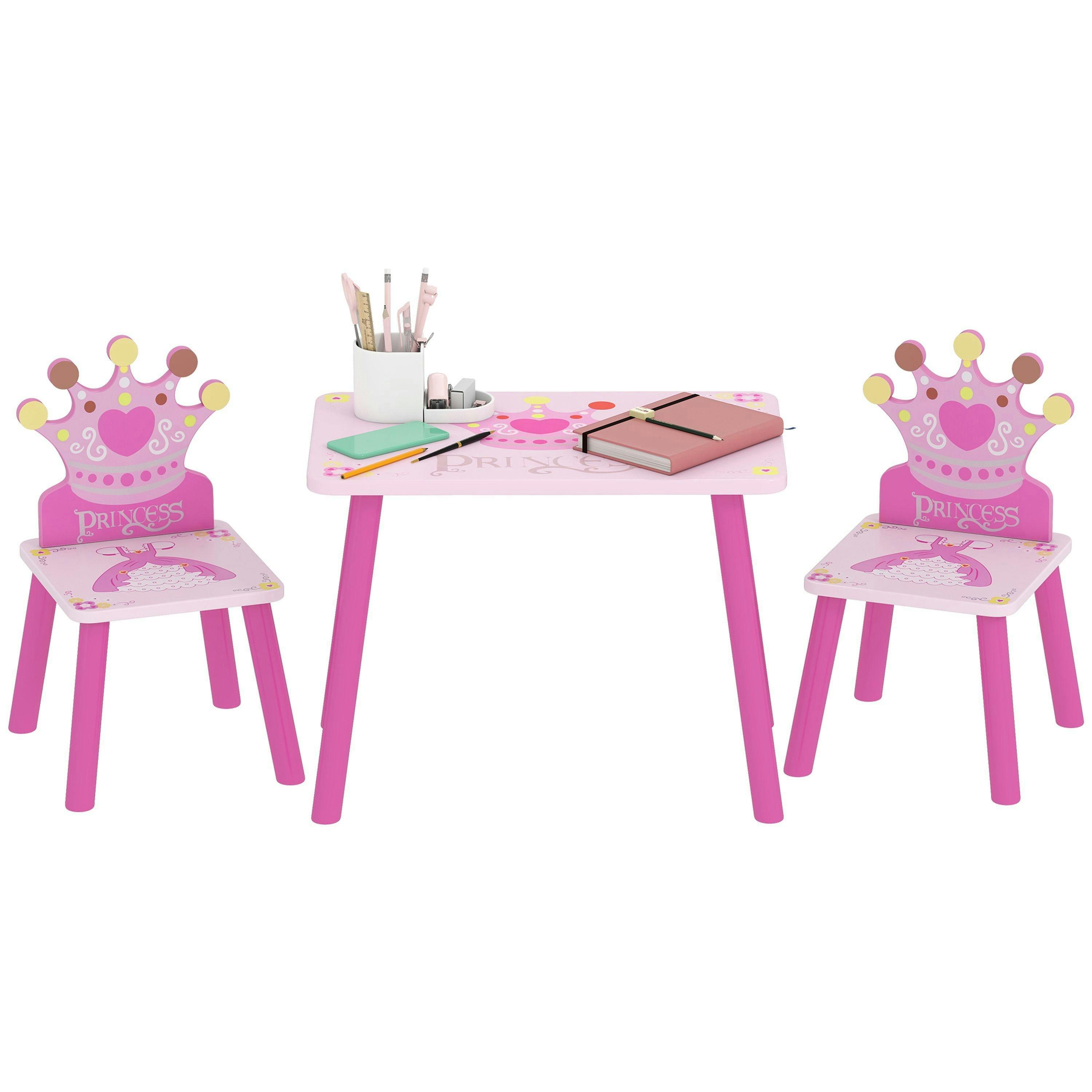 HOMCOM 3 Pcs Kids Princess & Crown Chair Table Set Home Furniture 2-4 Yrs Pink , view 2 of 5
