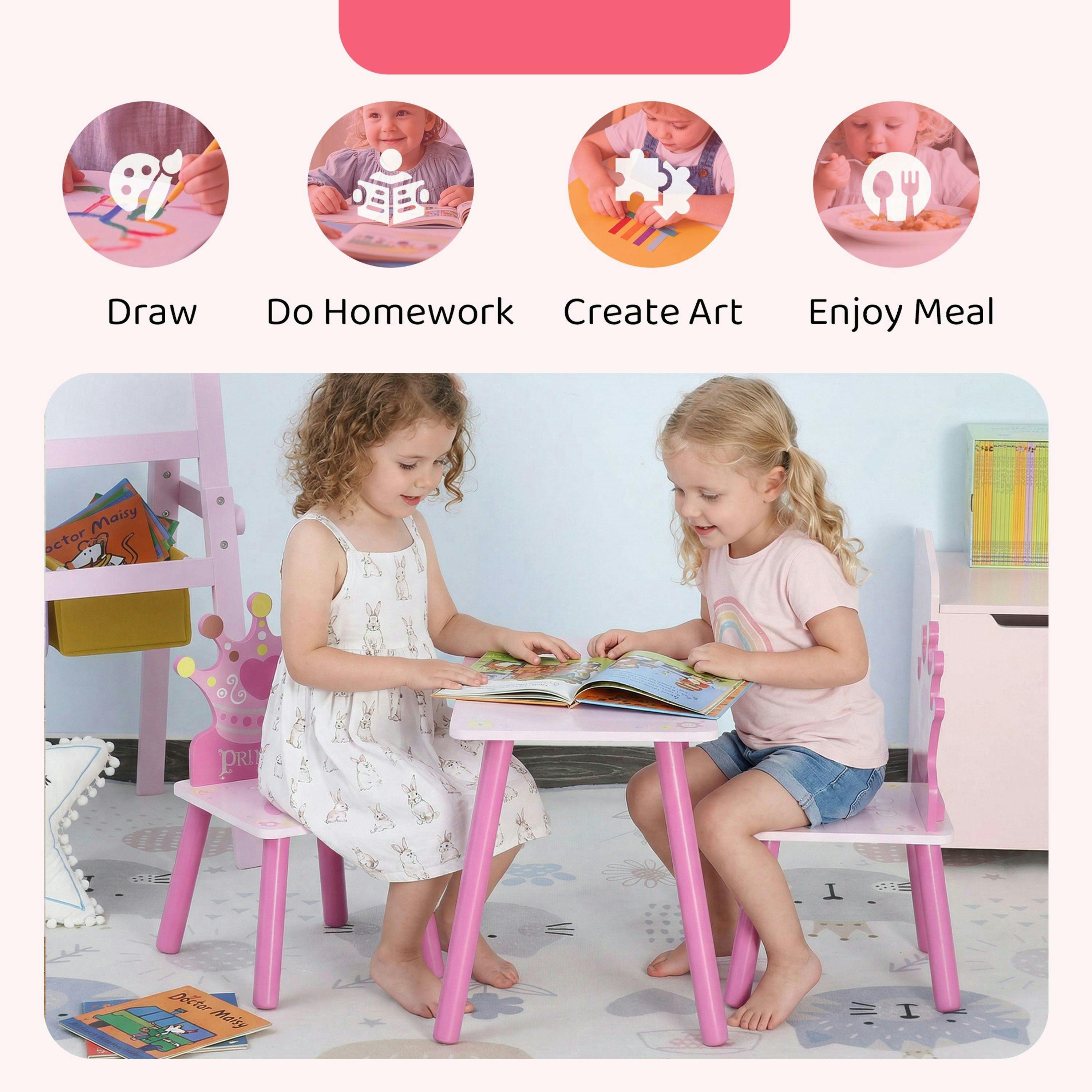 HOMCOM 3 Pcs Kids Princess & Crown Chair Table Set Home Furniture 2-4 Yrs Pink , view 5 of 5