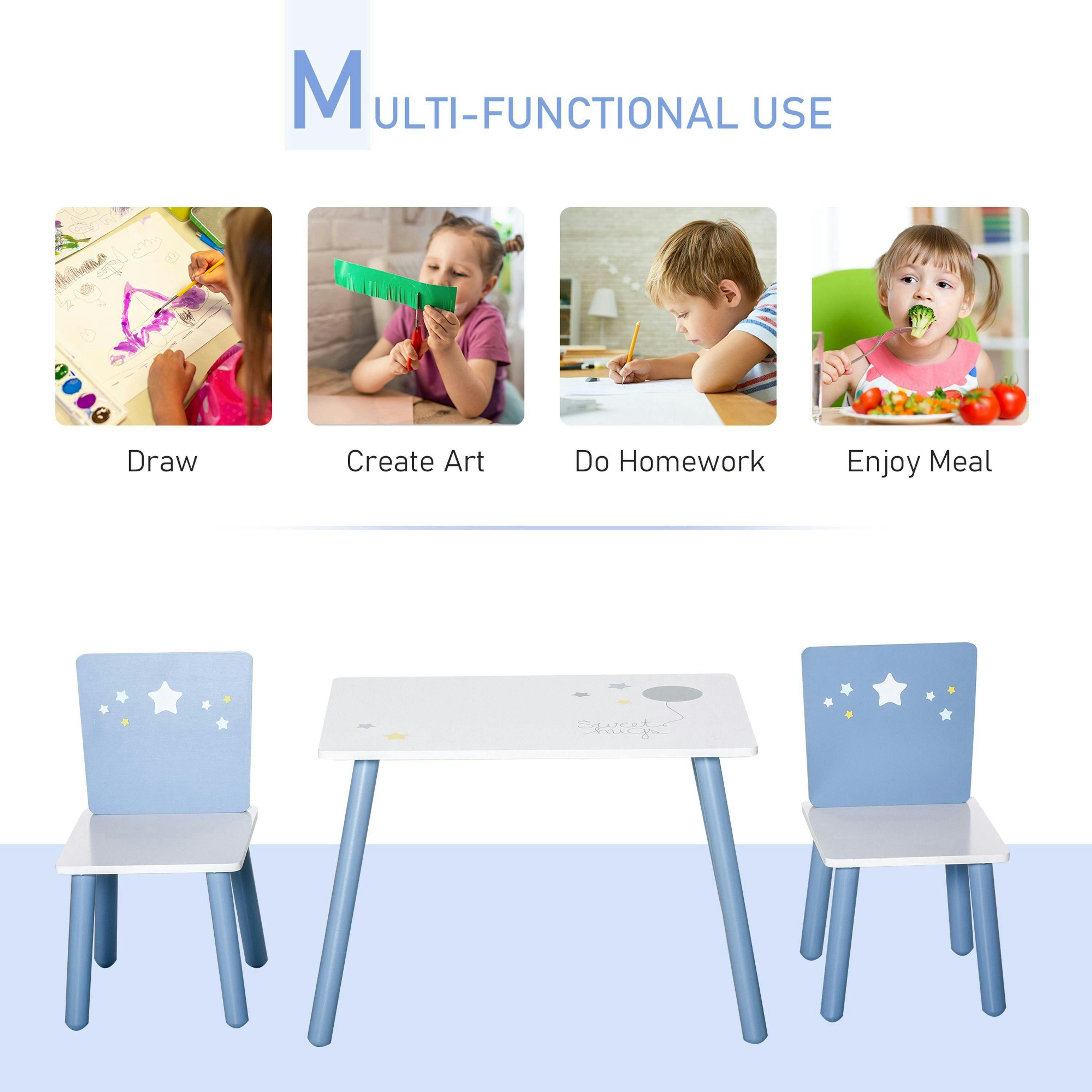HOMCOM 3 Pcs Kids Table & Chairs Dining Set Wood Legs Safe Corners Stars Seating , view 4 of 5