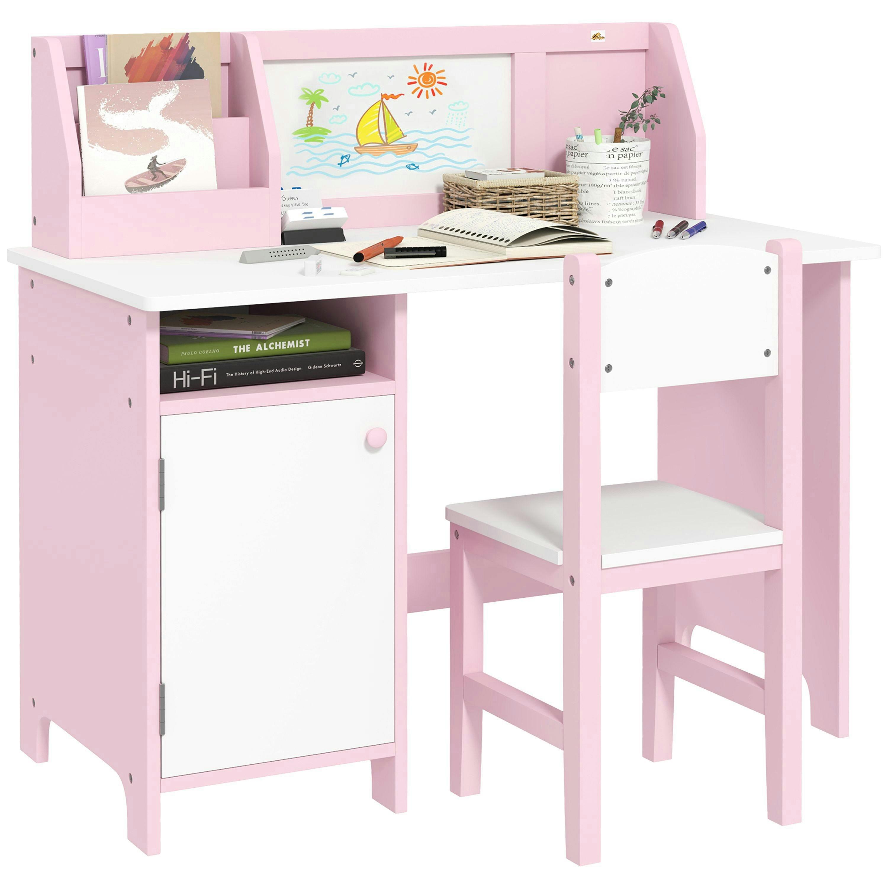 HOMCOM 2 PCs Childrens Table and Chair Set w/ Whiteboard Storage - Pink , view 2 of 5