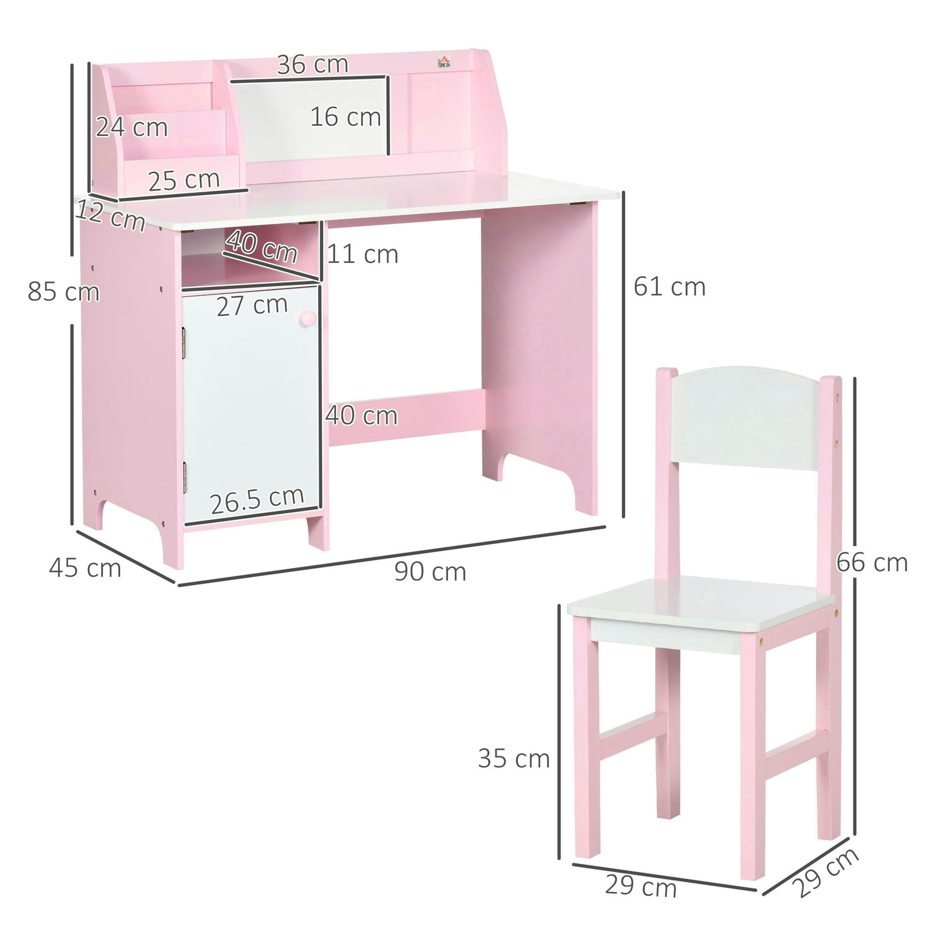 HOMCOM 2 PCs Childrens Table and Chair Set w/ Whiteboard Storage - Pink , view 3 of 5