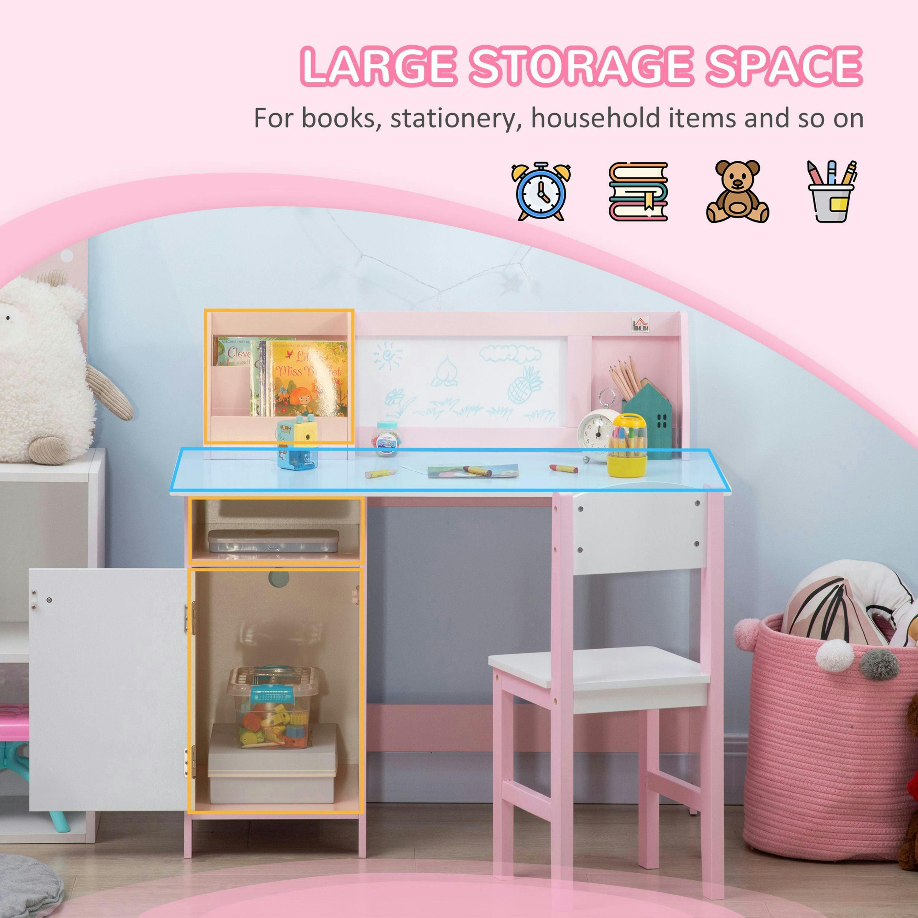 HOMCOM 2 PCs Childrens Table and Chair Set w/ Whiteboard Storage - Pink , view 4 of 5
