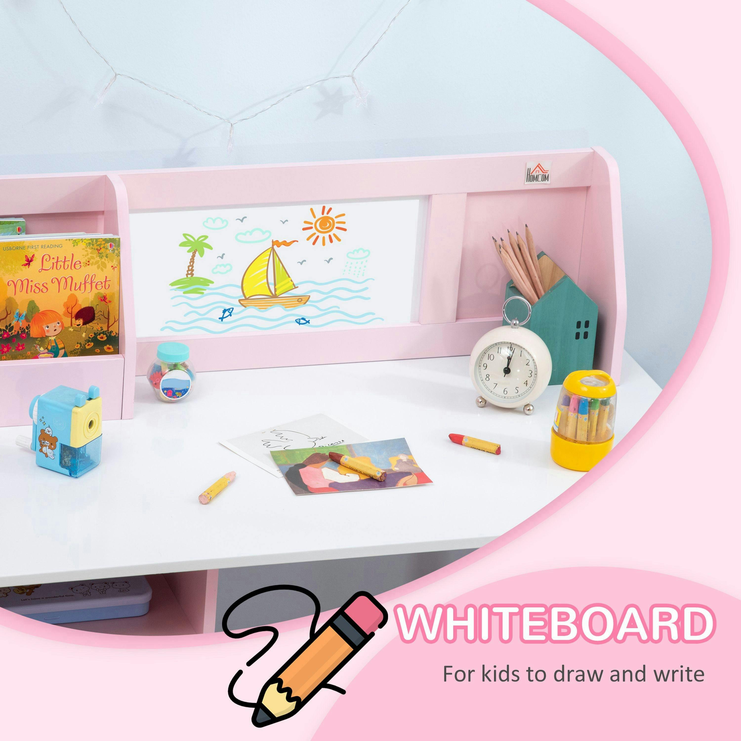 HOMCOM 2 PCs Childrens Table and Chair Set w/ Whiteboard Storage - Pink , view 5 of 5