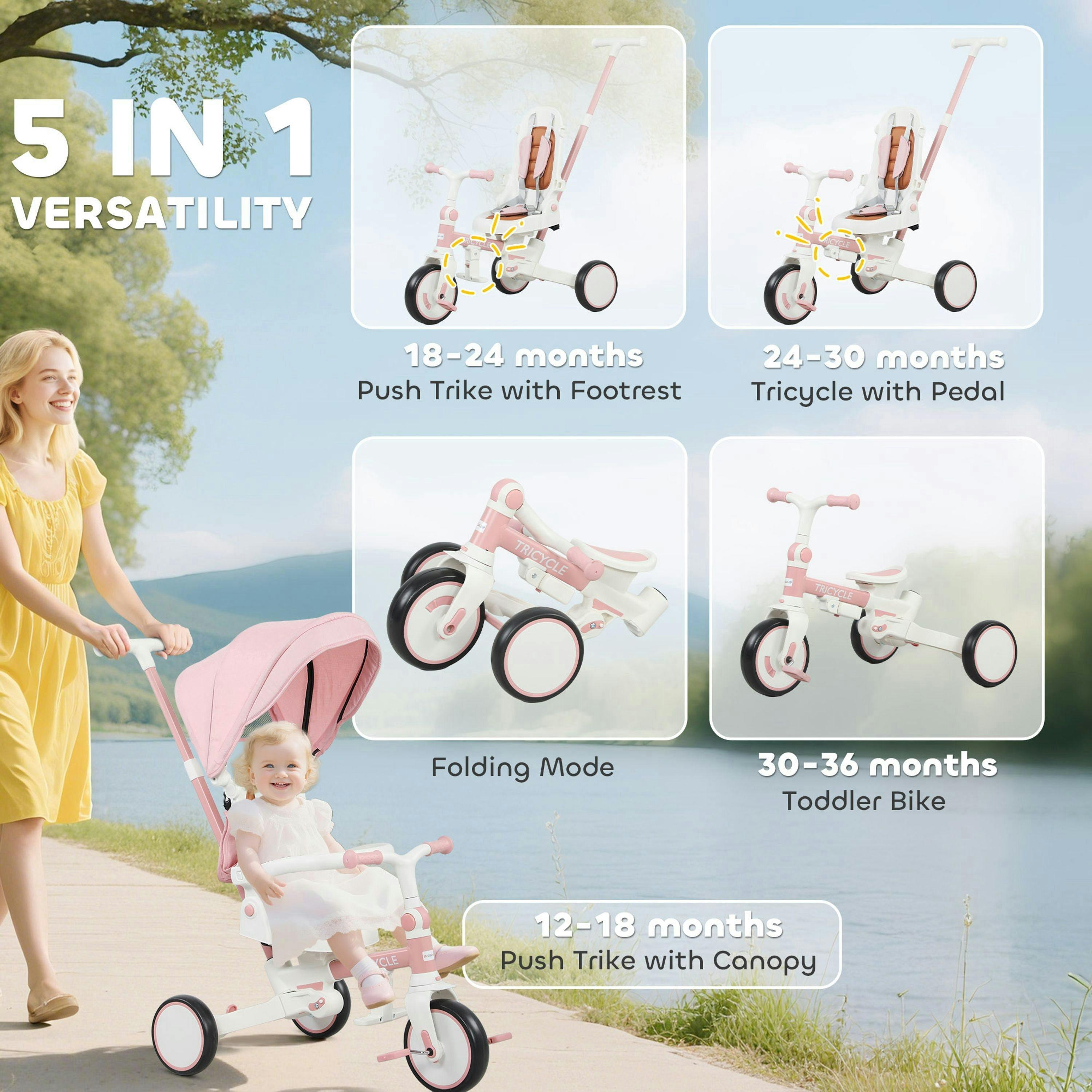 AIYAPLAY 5 in 1 Foldable Kids Trike, Toddler Tricycle for 1-3 Years , view 4 of 5