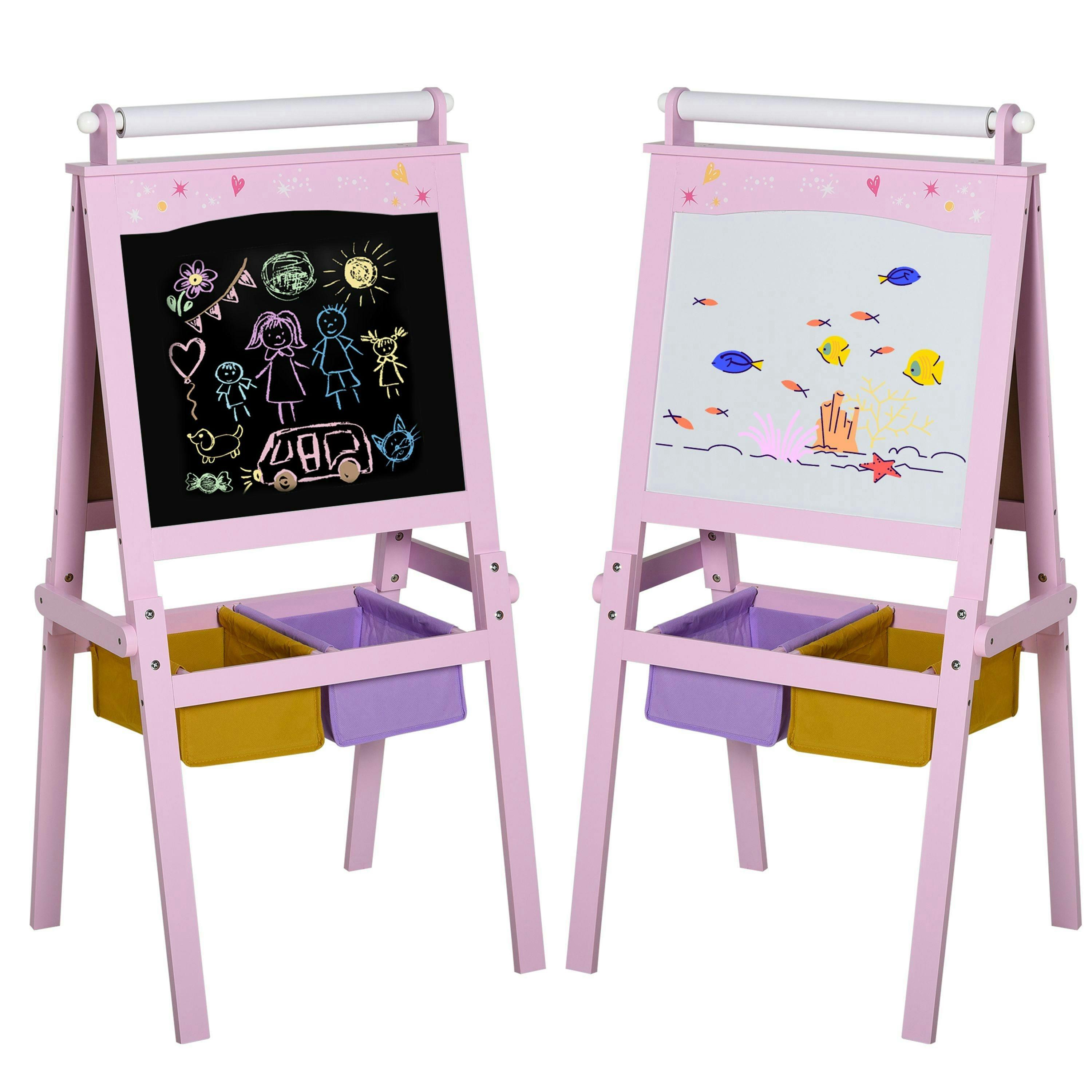 HOMCOM Kids Wooden Art Easel with Paper Roll Double-Sided Chalkboard, Whiteboard , view 2 of 5