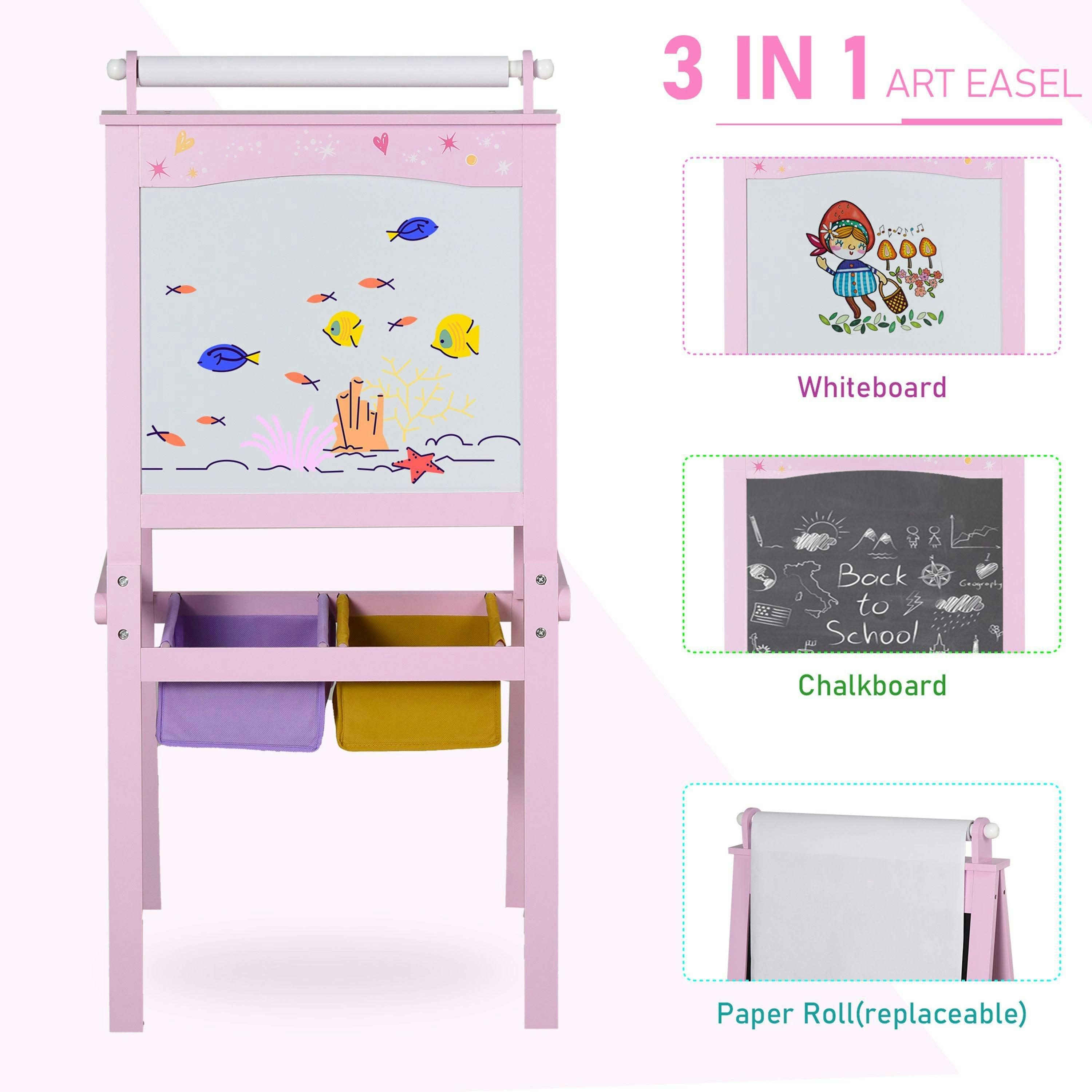 HOMCOM Kids Wooden Art Easel with Paper Roll Double-Sided Chalkboard, Whiteboard , view 4 of 5