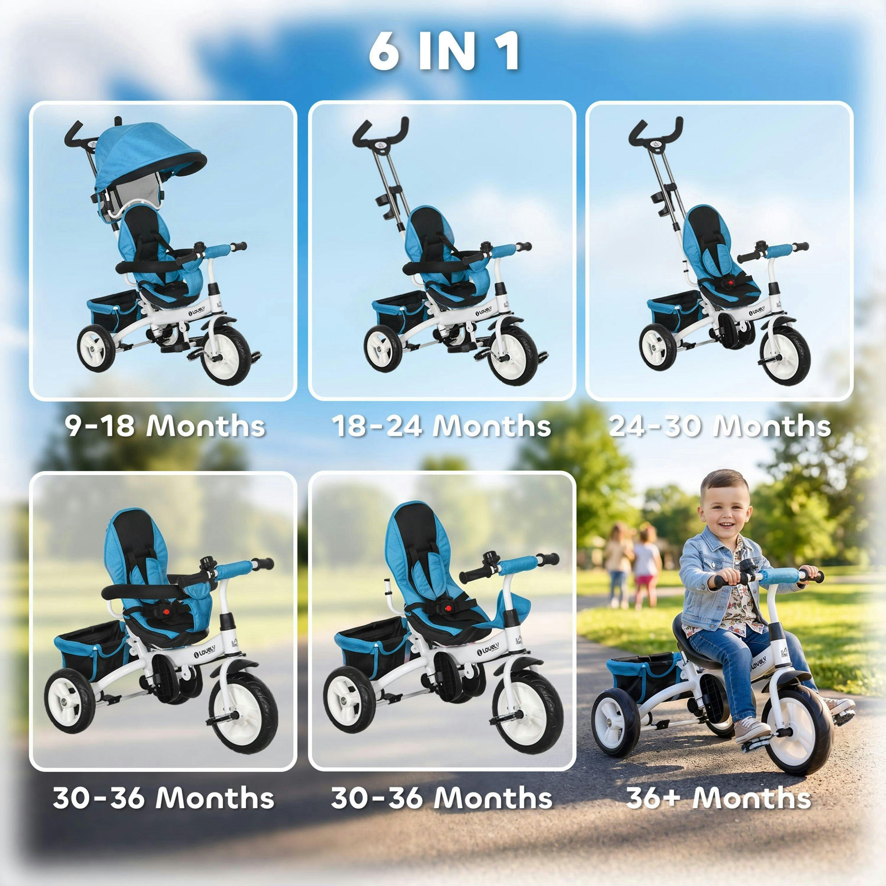 HOMCOM 6 in 1 Kids Trike, Stroller with Parent Handle , view 4 of 5