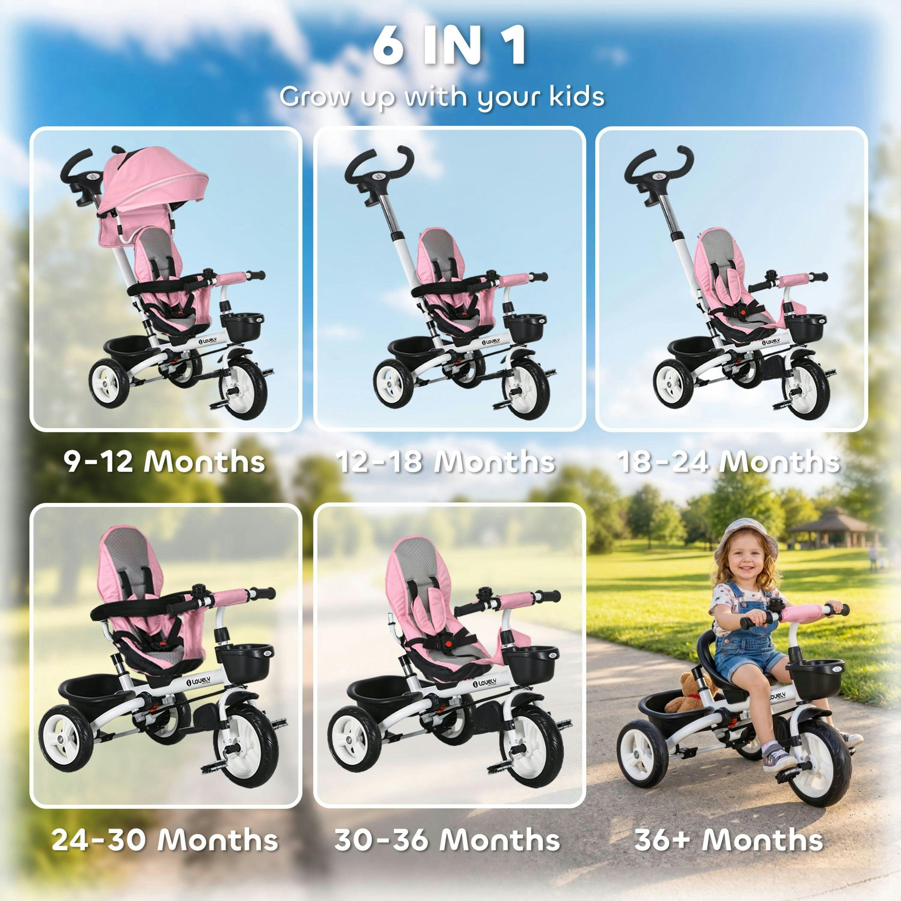 HOMCOM 6 in 1 Trike for Toddler 1-5 Years with Parent Handle , view 4 of 5