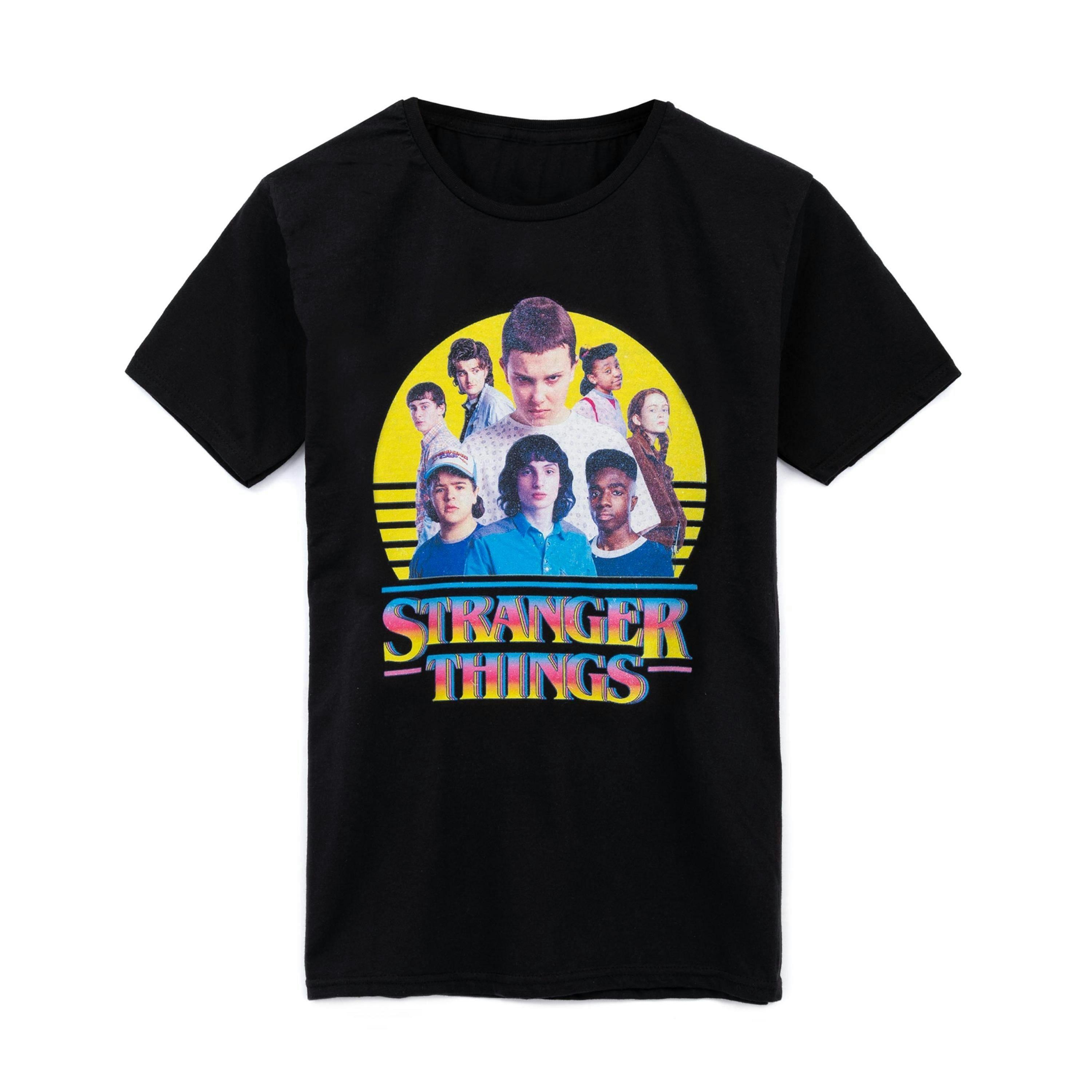 Stranger Things Girls Black Multi-Character Placement Print Short Sleeved T-Shirt by Vanilla Underground , view 1 of 1